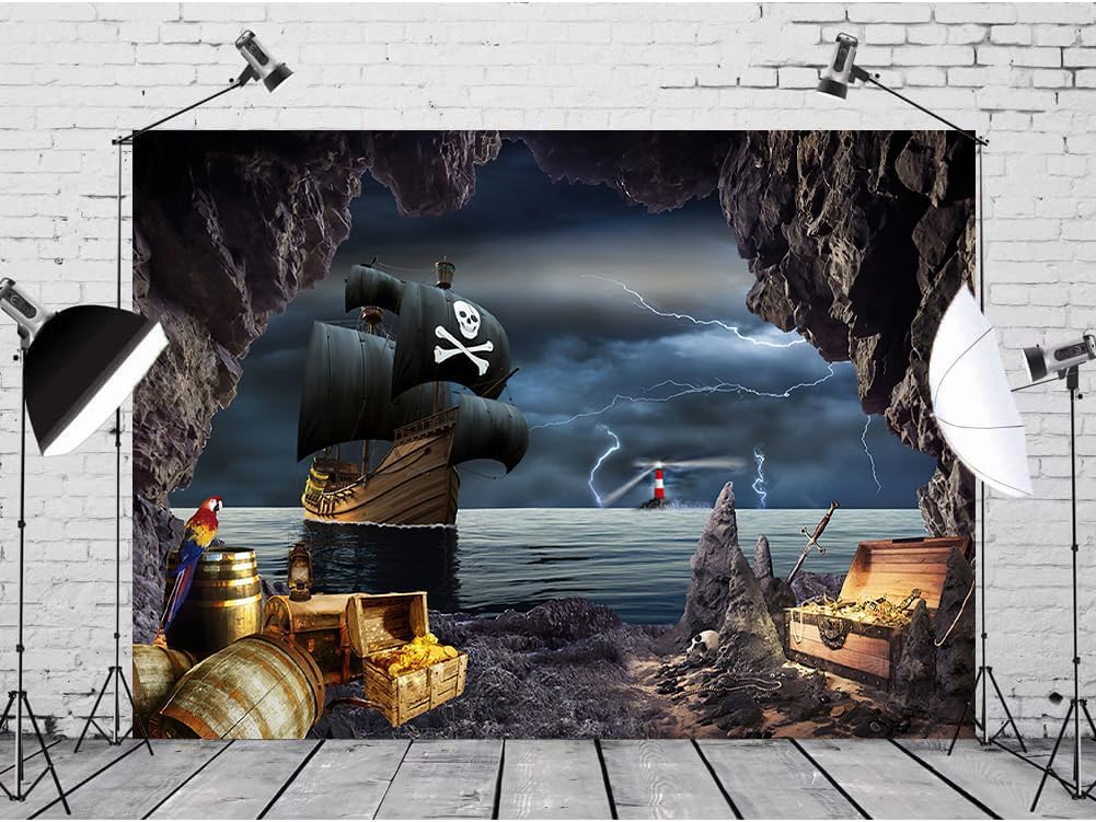 Telón de fondo de barco pirata de 7 x 5 pies, aventura náutica, búsqueda del tesoro, fotografía, telón de fondo, tema pirata, fondo de fotografía
