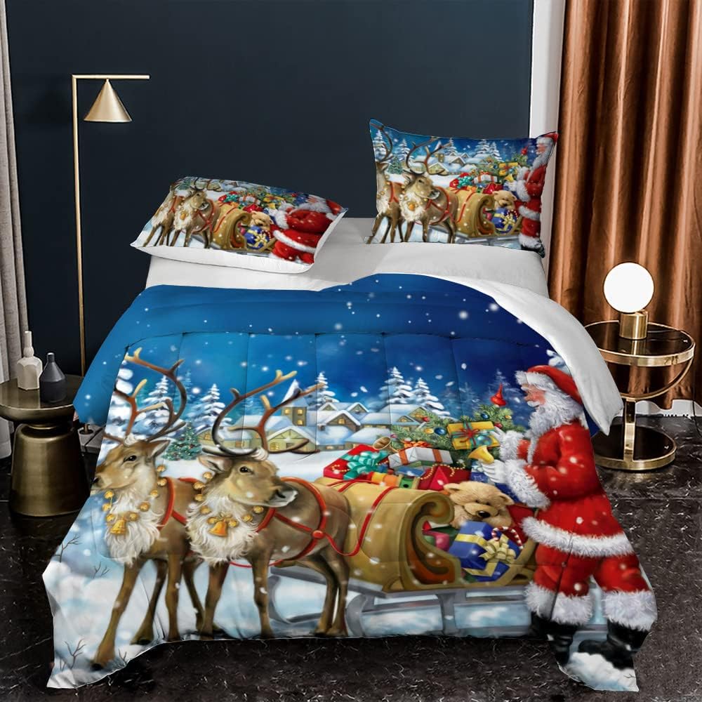Juego de edredón de decoración de habitación de Año Nuevo, tamaño individual, diseño de chimenea de Papá Noel, alce de Papá Noel, para niños y