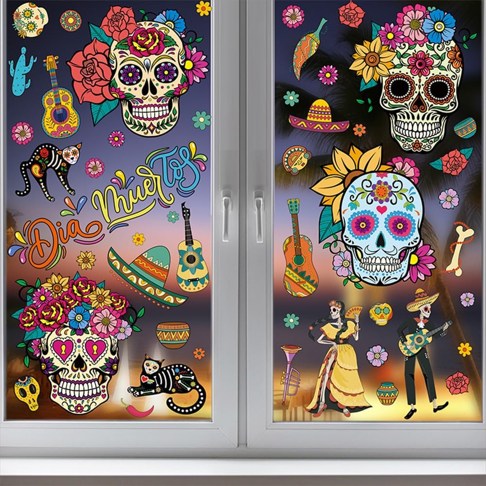 81 calcomanías para ventana del Día de los Muertos, Día de los Muertos, calcomanías mexicanas de Halloween para ventana, calavera de azúcar,