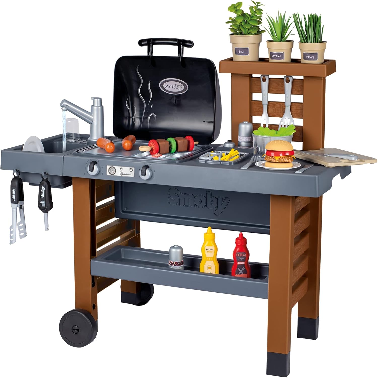Smoby Cocina de jardín – Juego de 43 accesorios para exteriores, para niños a partir de 3 años, parrilla con llamas mágicas retráctiles, freidora y