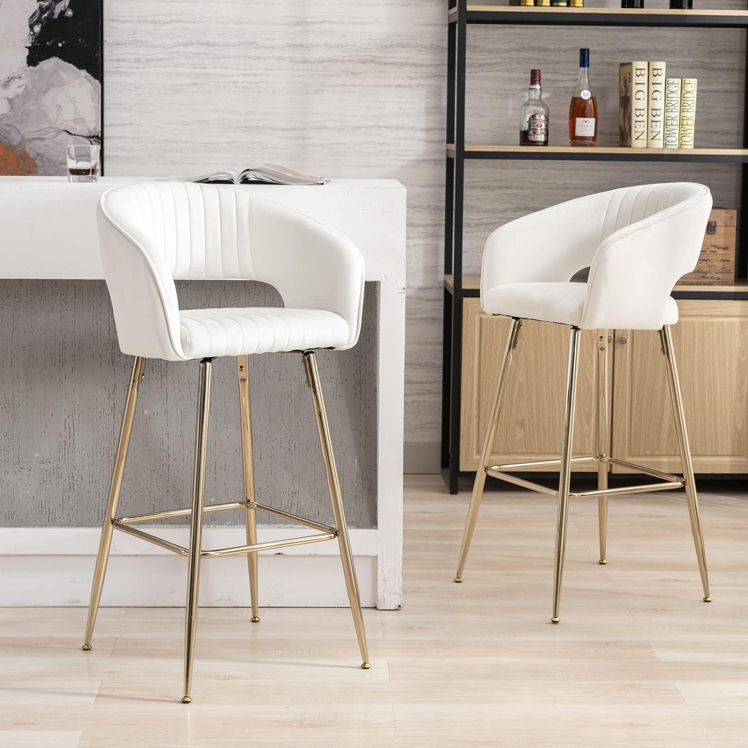 ZH4YOU Juego de 2 taburetes de bar de terciopelo de 30 pulgadas, taburetes de bar tapizados de altura de mostrador con reposabrazos trasero,