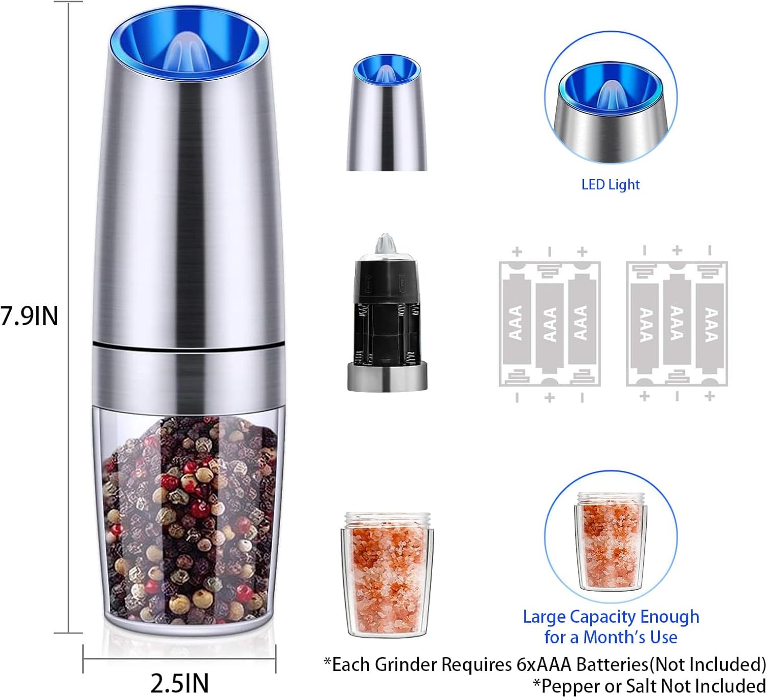AMOMB Gravity – Juego de molinillo eléctrico de pimienta y sal, 2 unidades de molinillo de sal y pimienta con grosor ajustable, funciona con pilas