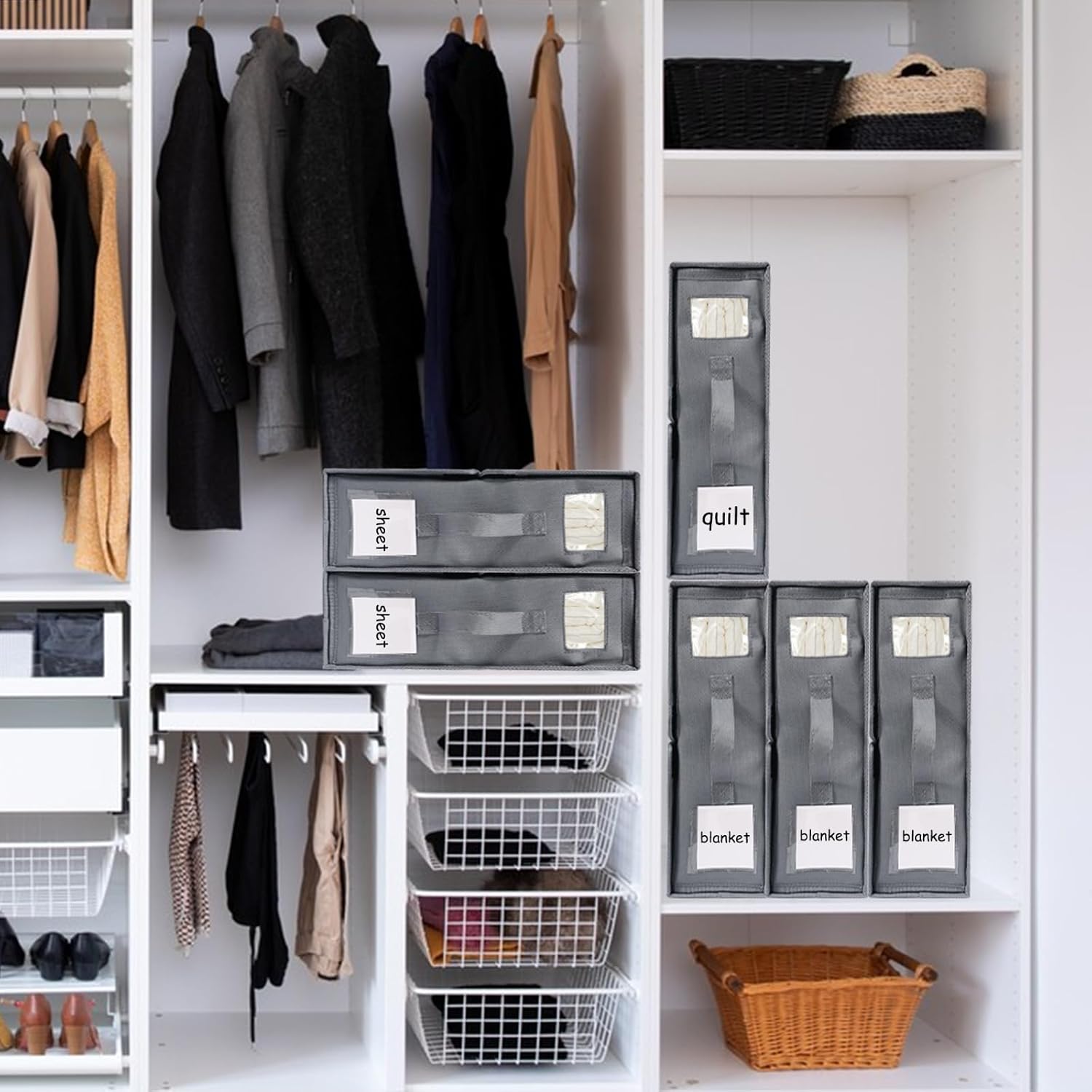 Organizador y almacenamiento de sábanas de cama de 6 piezas, organizador plegable con manija de ventana etiquetada, cremallera, cubo gris, caja de