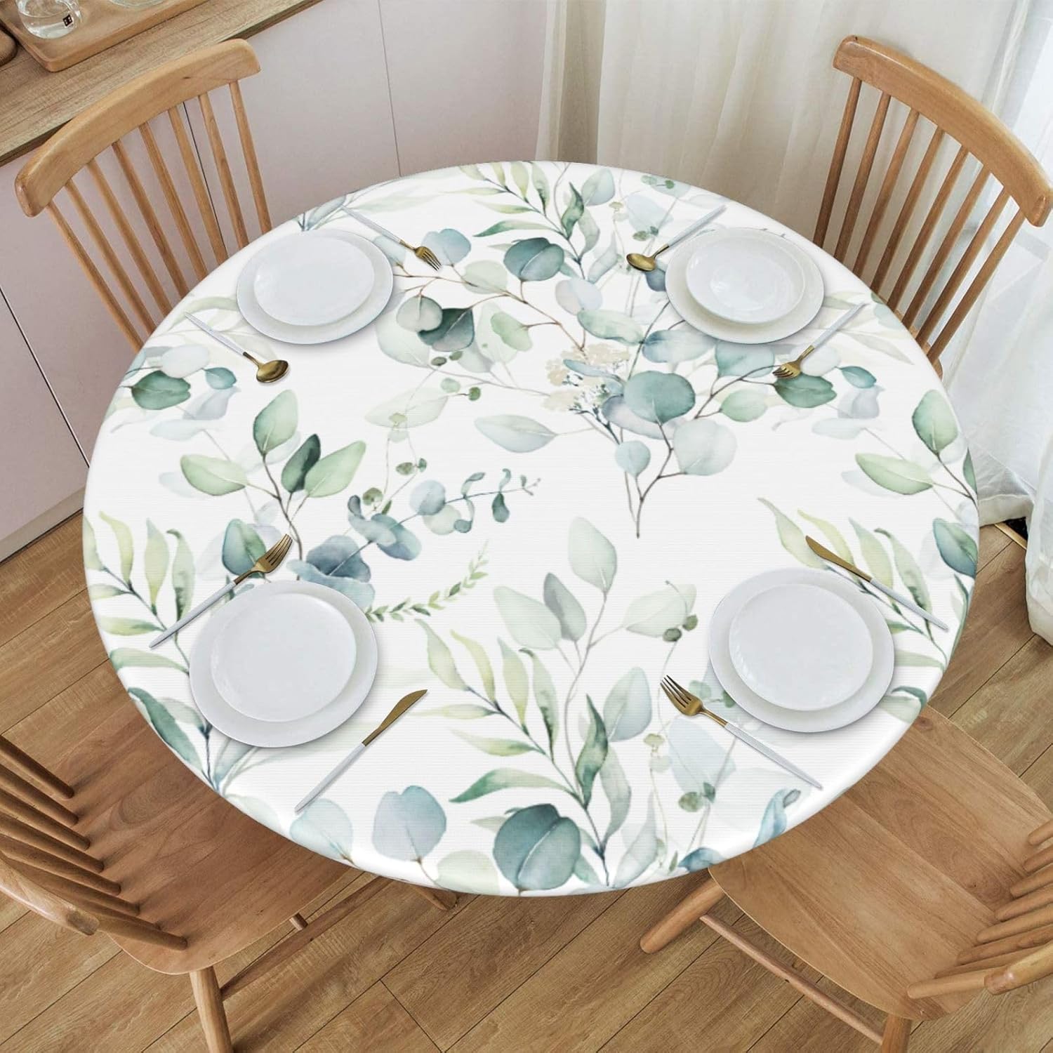 Mantel elástico redondo con borde de hojas verdes salvia, ajustable para mesa de 40 a 44 pulgadas de diámetro