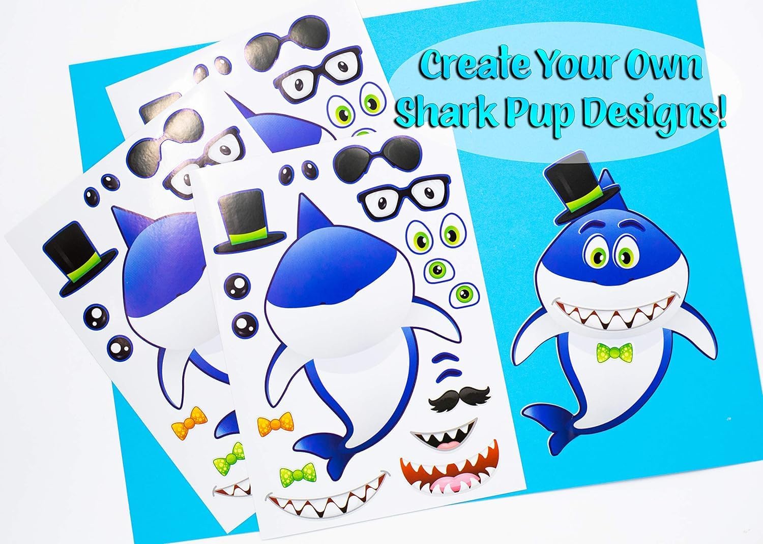 24 calcomanías Make A Shark para niños (tamaño grande de 8.5 x 11 pulgadas), ideales para recuerdos de fiesta de cumpleaños, decoraciones y premios,