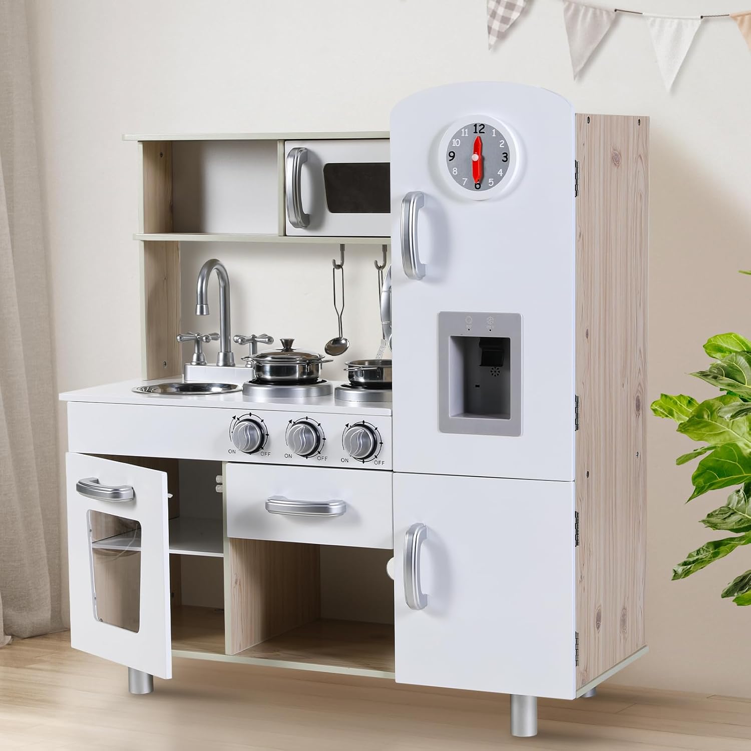 Arlopu Juegos de cocina preescolar, juego de cocina de simulación de madera, juego de cocina pequeño para niños pequeños con teléfono, estufa,