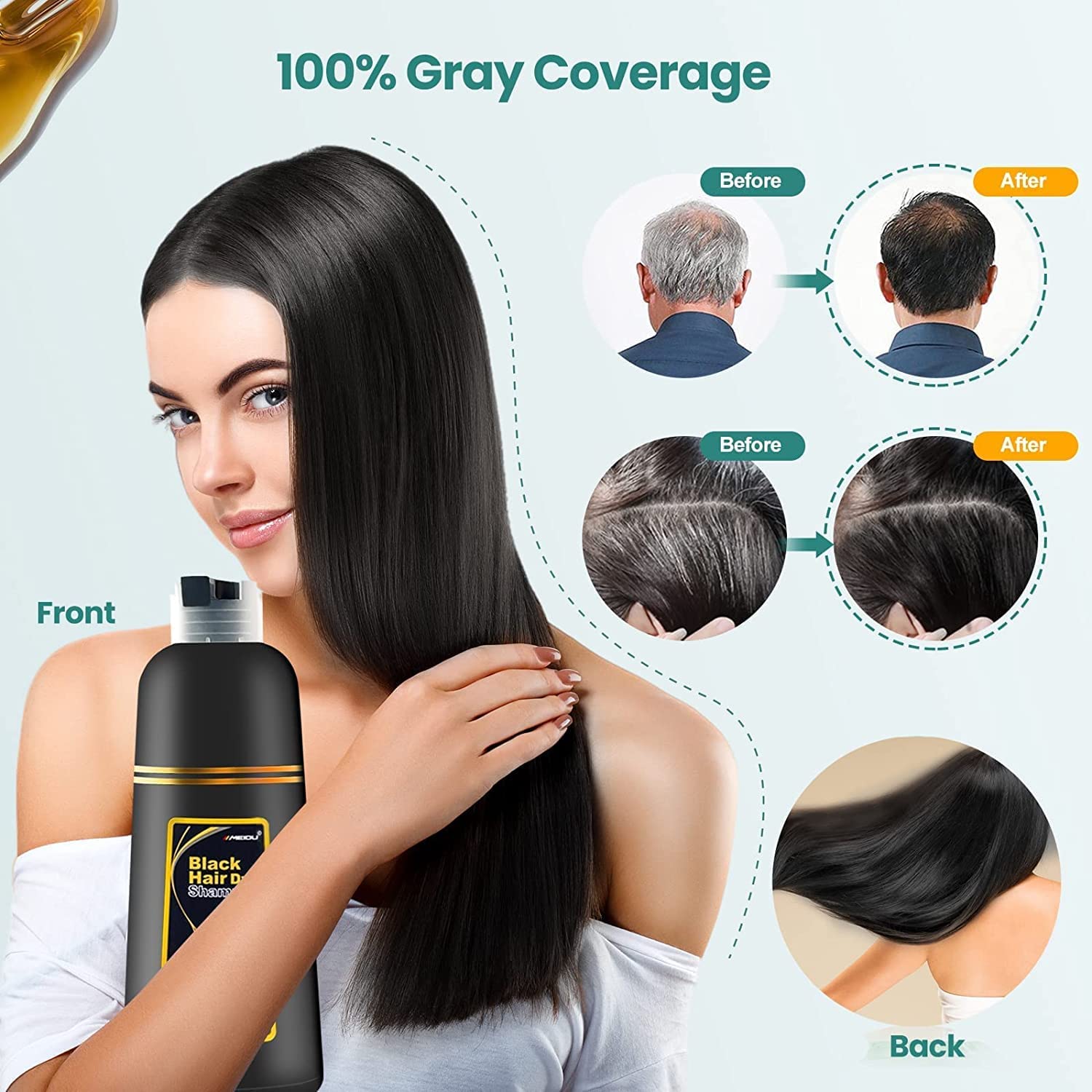 Champú de color negro instantáneo para cabello gris, champú fácil de teñir el cabello, 3 en 1, permanente, 100% cobertura de canas, coloración