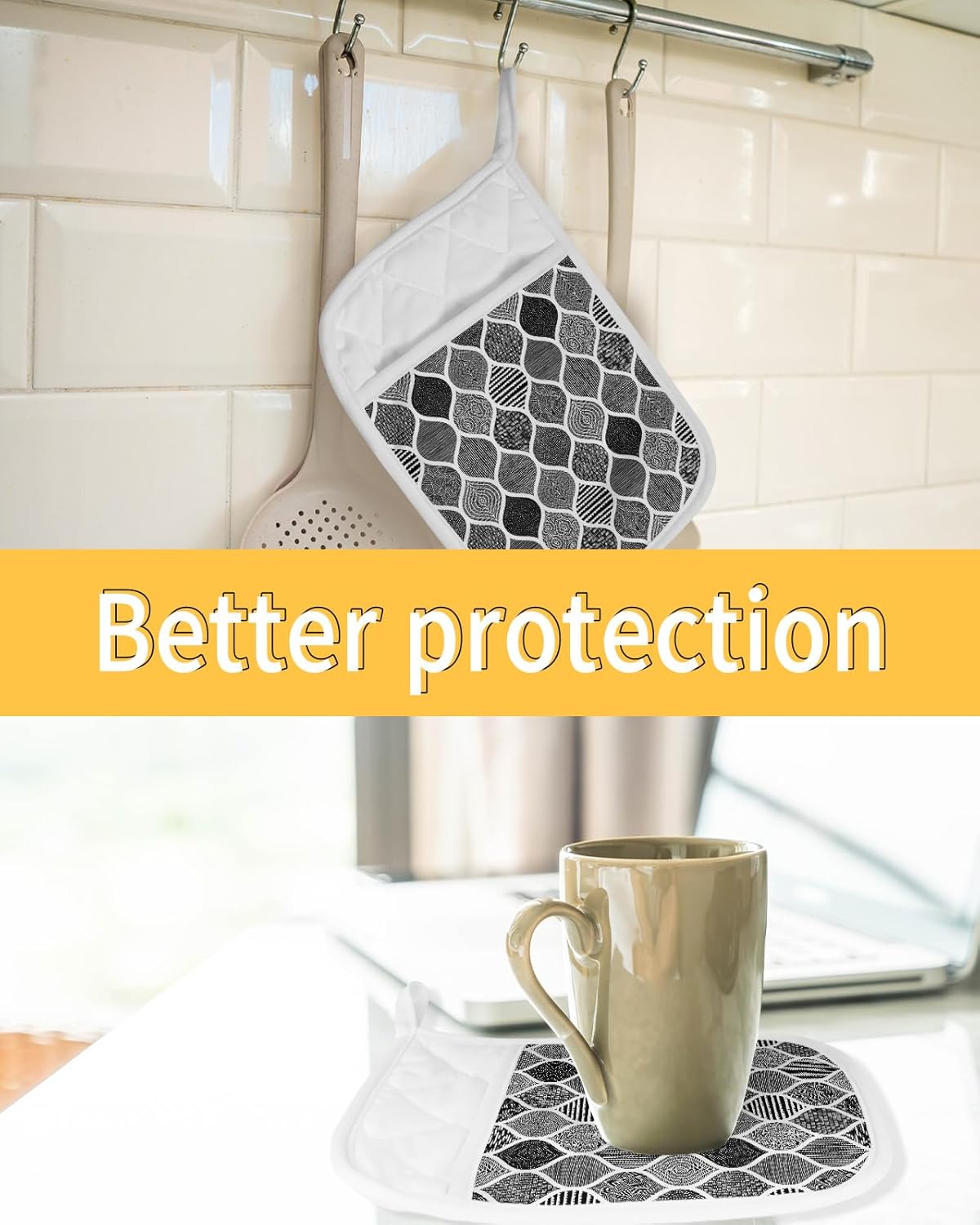 Black Bohemia 2Pcs Pot Holders for Kitchen,Non Slip & Heat Insulation Terry Cloth Potholder Set with Pocket,Thick Hot Pad Oven Mitts Trivet Coaster