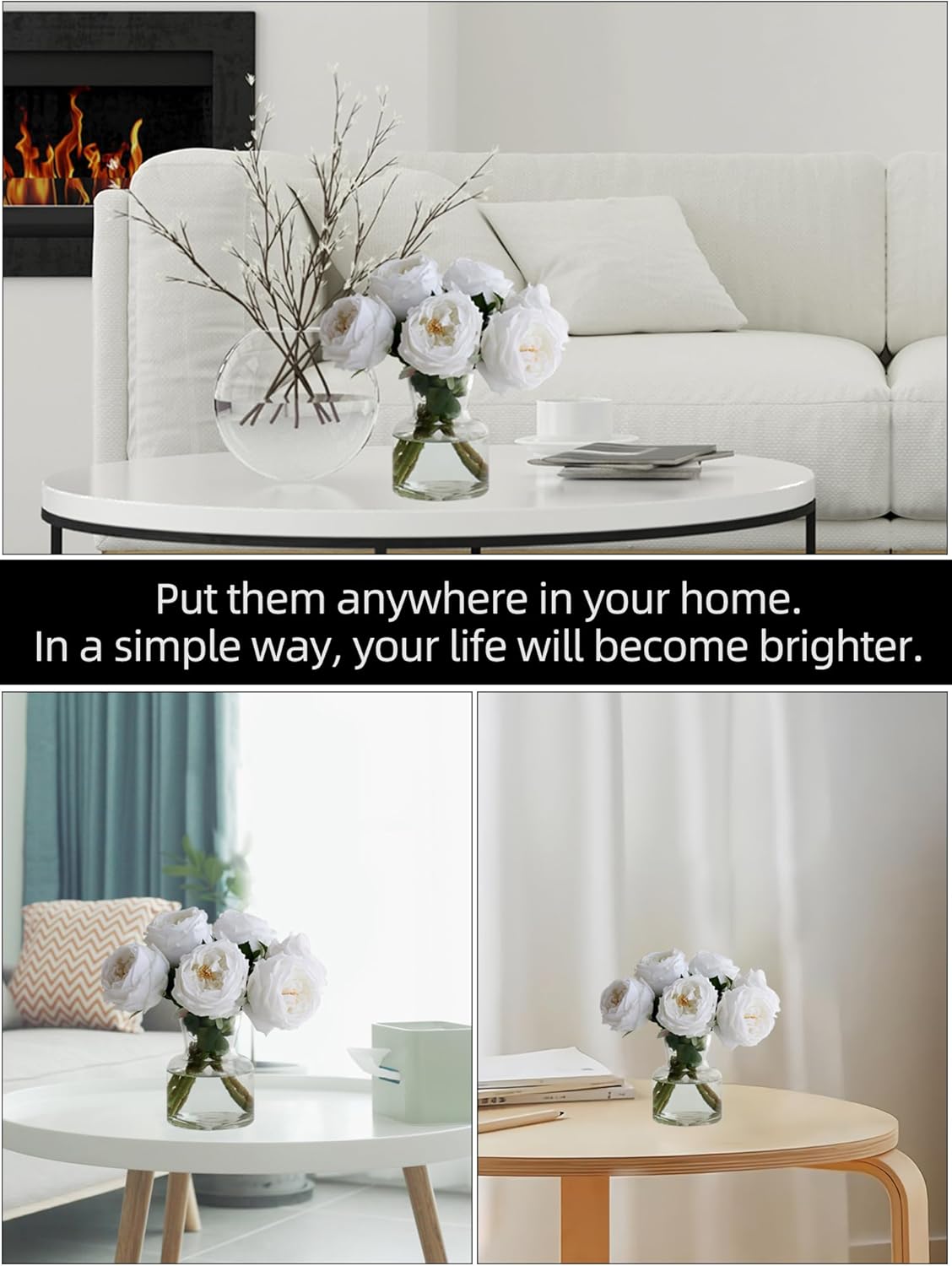 6 flores falsas de peonías de rosas Austin con jarrón, florero de vidrio transparente con peonías blancas de tacto real, flores artificiales para