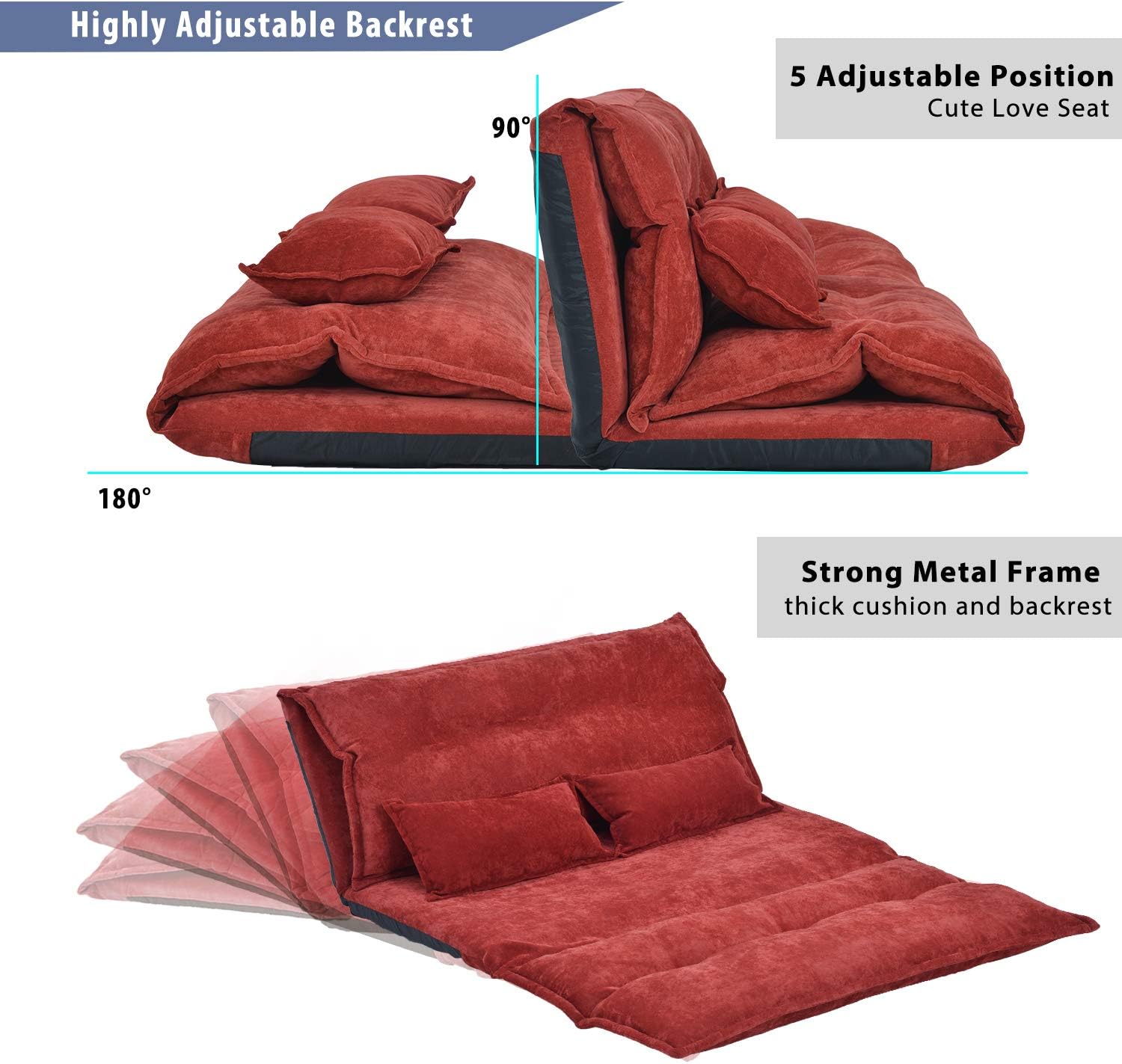 Sofá de suelo, sofá de suelo con 2 almohadas, sofá biplaza reclinable de piel sintética, sofá plegable perezoso, 5 posiciones, sofá de videojuegos
