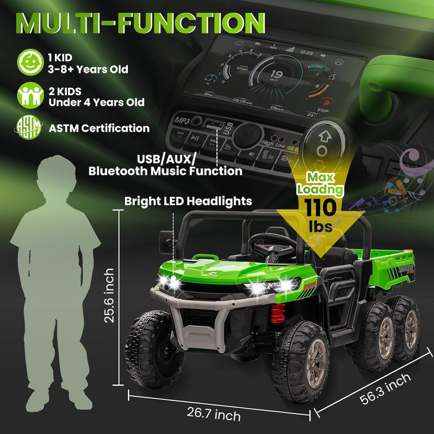 Camión volquete de 24 V 4WD 6×6 para niños con cama volquete eléctrica, auto de juguetes UTV alimentado por batería de 2 plazas con control remoto