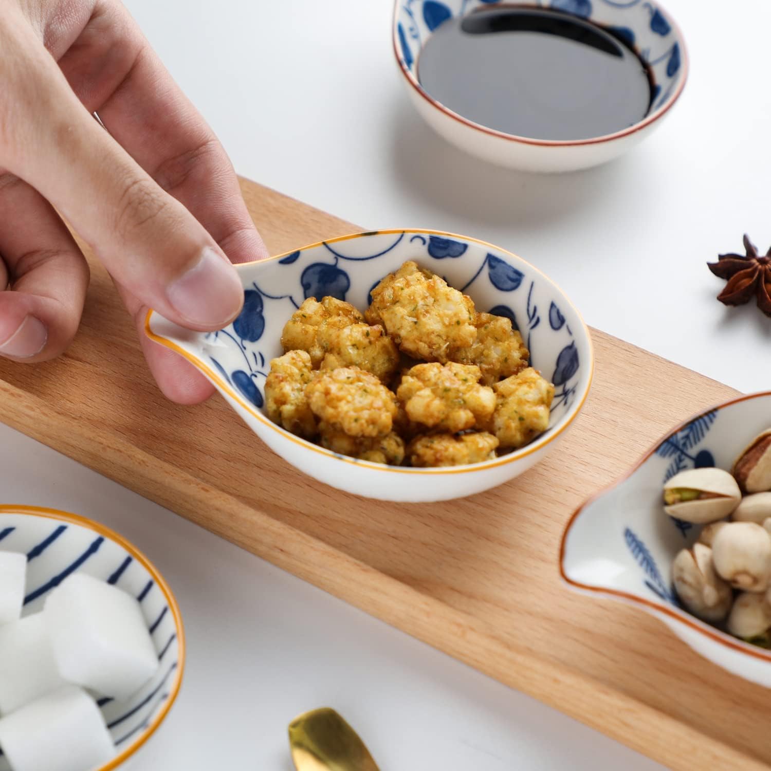 Tazones de salsa de cerámica para salsa de soja, juego de 8 condimentos, platos de acompañamiento (azul)