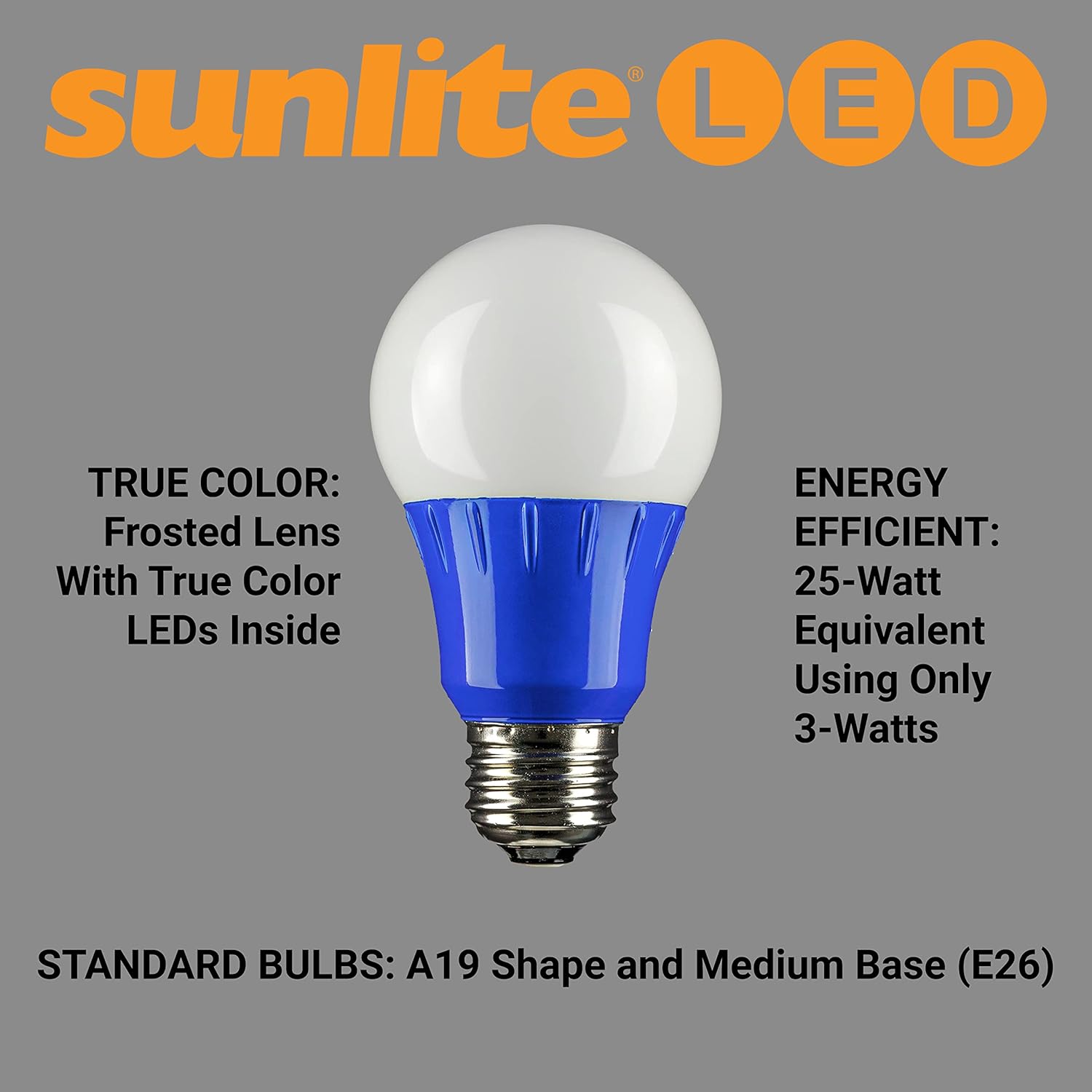 Sunlite A193WBLED – Foco LED de color A19, 3 W (equivalente a 25 W), base mediana E26, no regulable, certificación UL, 1 unidad (paquete de 1),