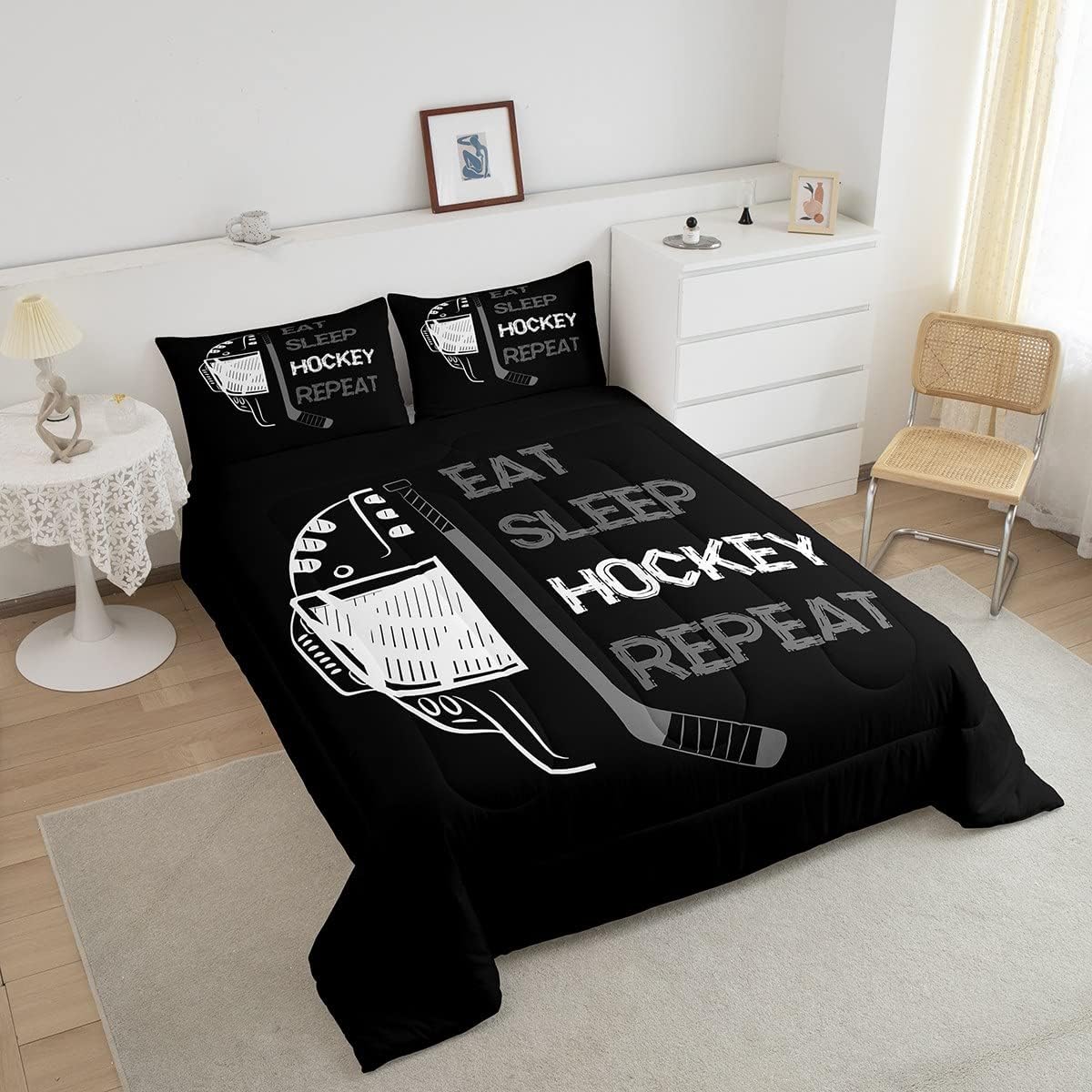 Erosebridal Edredón de hockey tamaño individual para niños y adolescentes, ropa de cama de hockey negro y gris para comer, decoración de dormitorio,