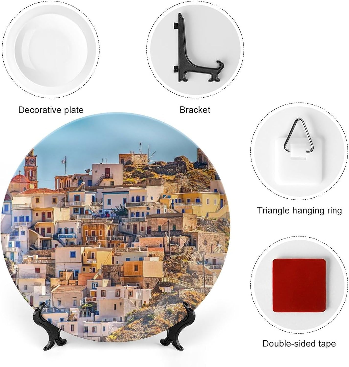 Plato colgante decorativo de paisaje de pueblo de Grecia, decoración del hogar, decoración del hogar, recuerdo, arte de pared, plato de cena de