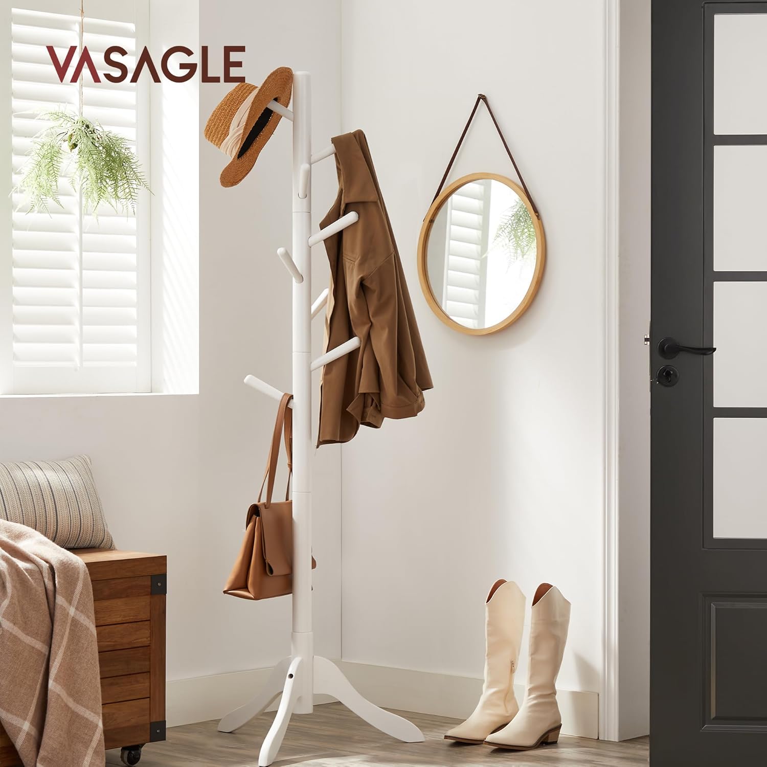 VASAGLE Perchero de madera maciza, perchero de pie independiente, perchero en forma de árbol con 8 ganchos, 3 opciones de altura, para ropa,