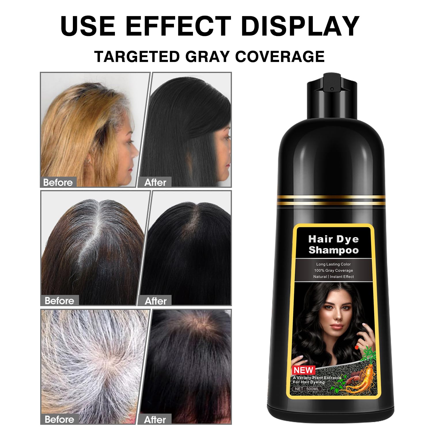 Champú instantáneo de tinte para cabello castaño para cabello gris 3 en 1, champú de cabello castaño natural para mujeres y hombres, colores negros,