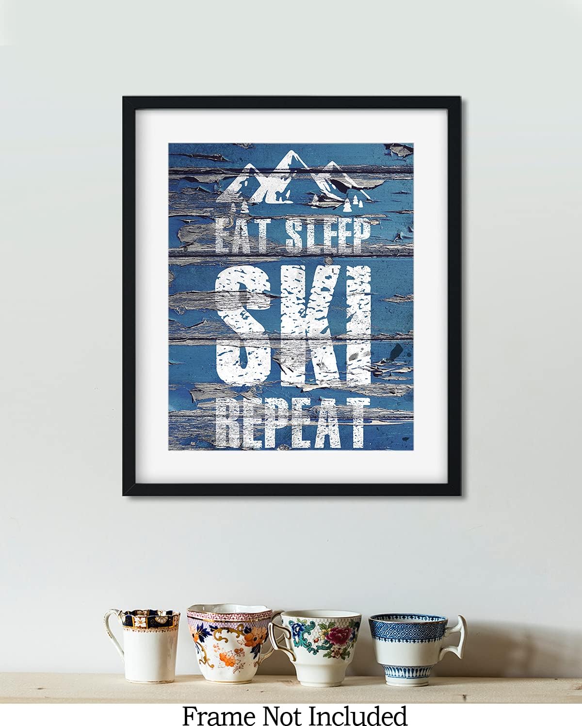 Eat Sleep Ski Repeat – Decoración de pared motivacional de esquí con un fondo azul – ilustraciones sin marco impresas en papel fotográfico