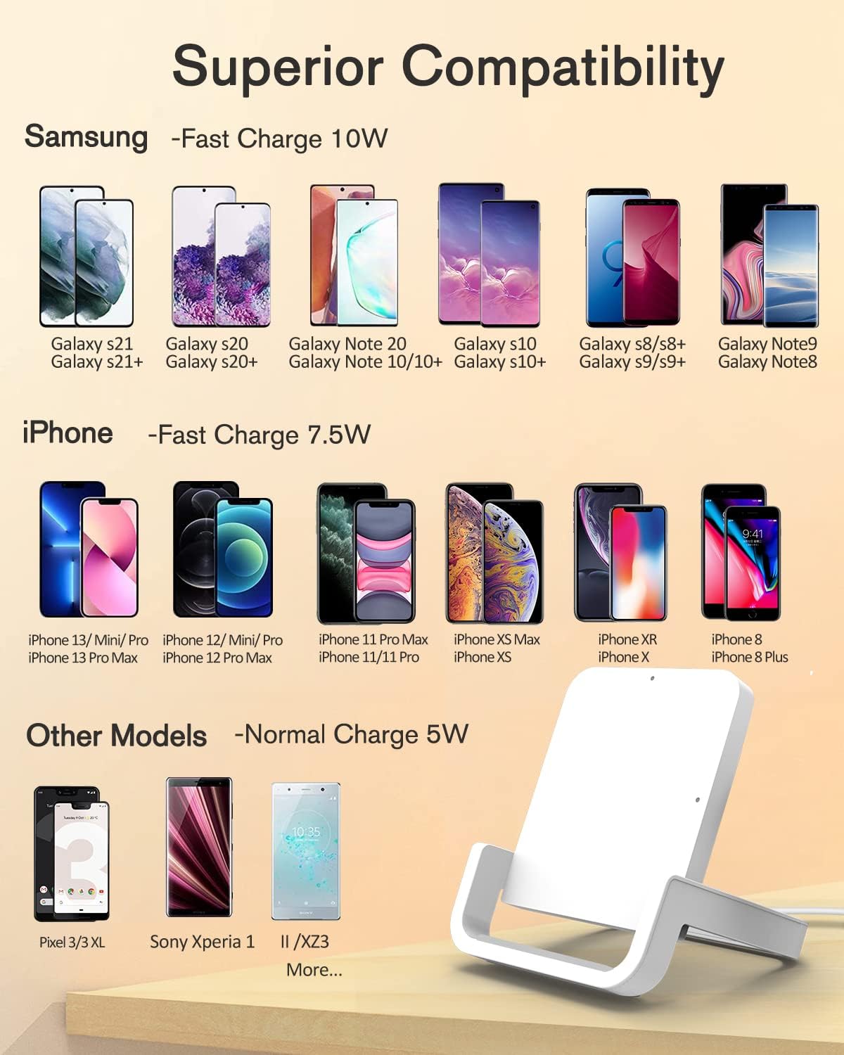 Cargador inalámbrico, soporte de carga rápida BUBEYYIE de 10 W compatible con iPhone 14, 13, 12, 11 Pro, XR, XS, X, 8 Plus, Samsung Galaxy S22, S22,