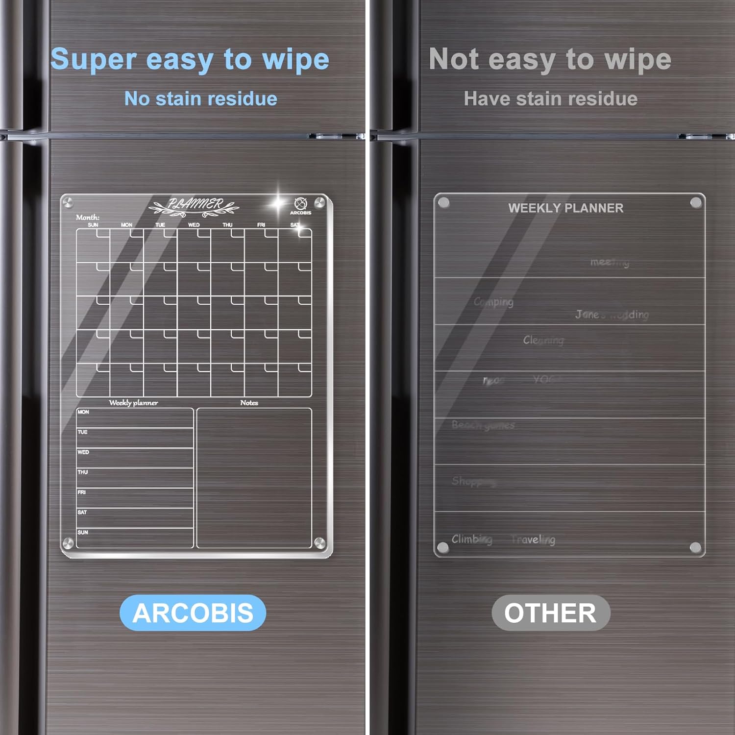 ARCOBIS Calendario acrílico magnético para refrigerador, calendario mensual y semanal transparente de 12 x 16 pulgadas con 6 marcadores, 1 soporte