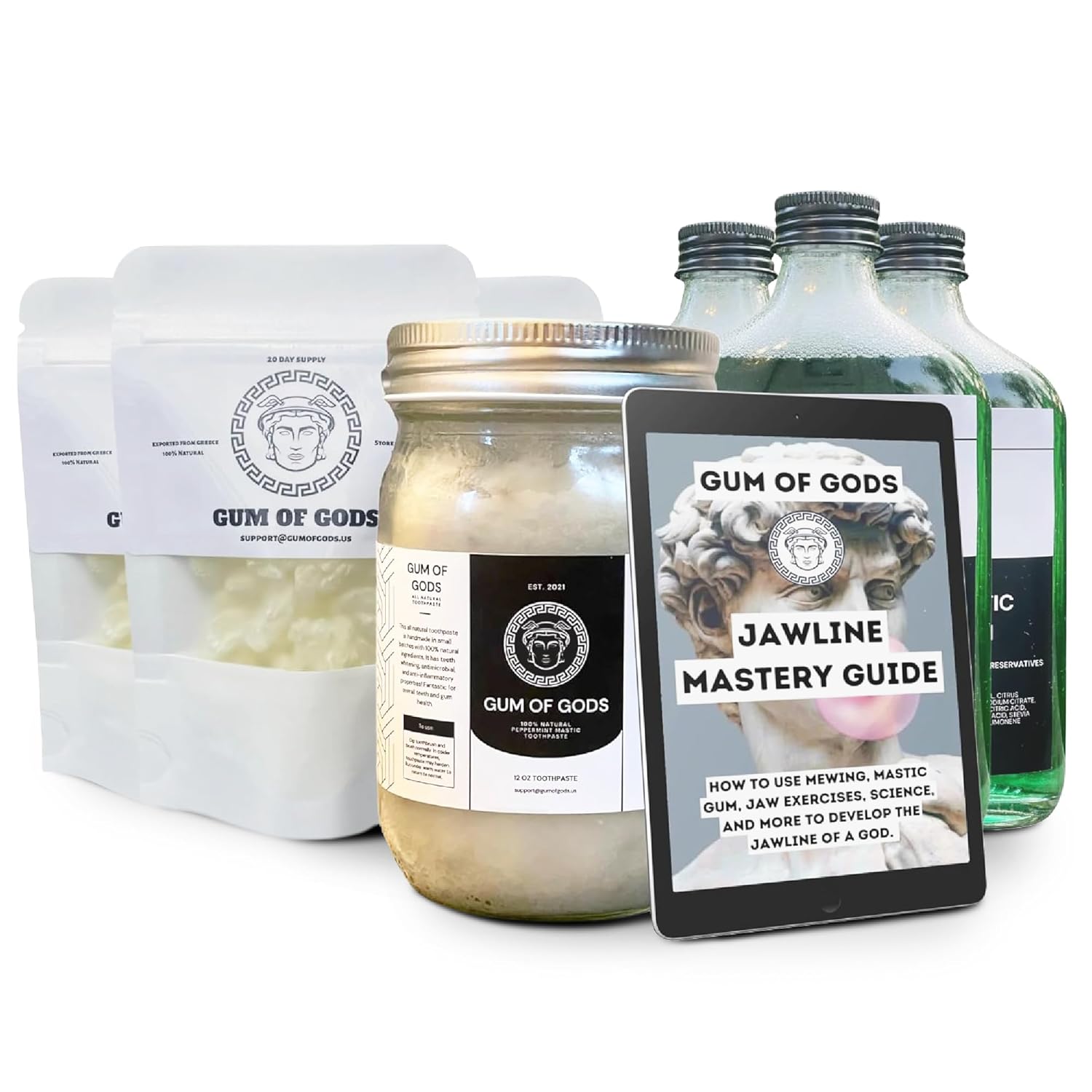 Gum of Gods – Paquete de masilla de 3 meses – Paquete de 3 chicles máticos clásicos – Incluye enjuague bucal, pasta de dientes y guía de maestría de
