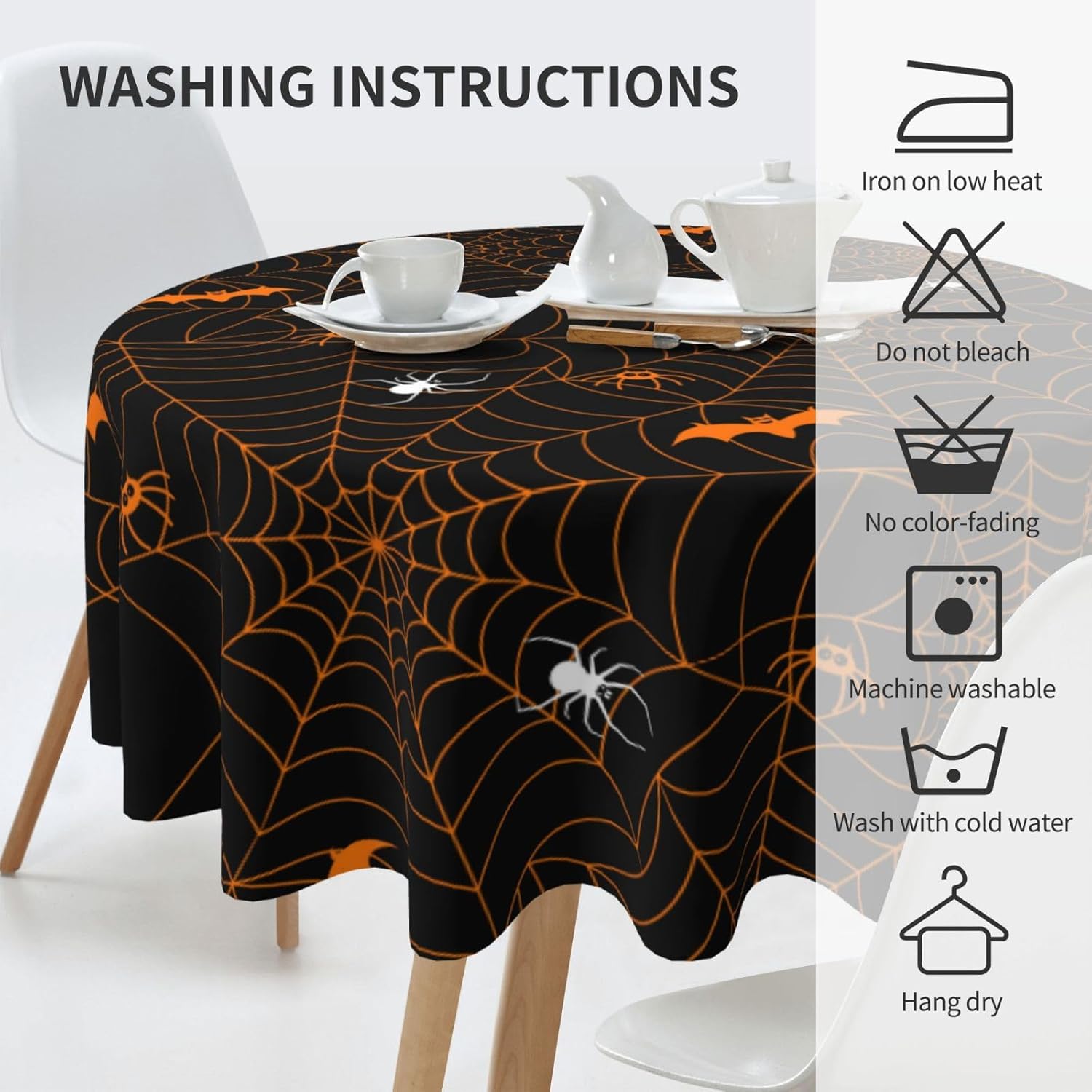 Mantel de Halloween Elements con diseño de murciélago y araña, color negro, lavable, para cocina, comedor, picnic y fiesta