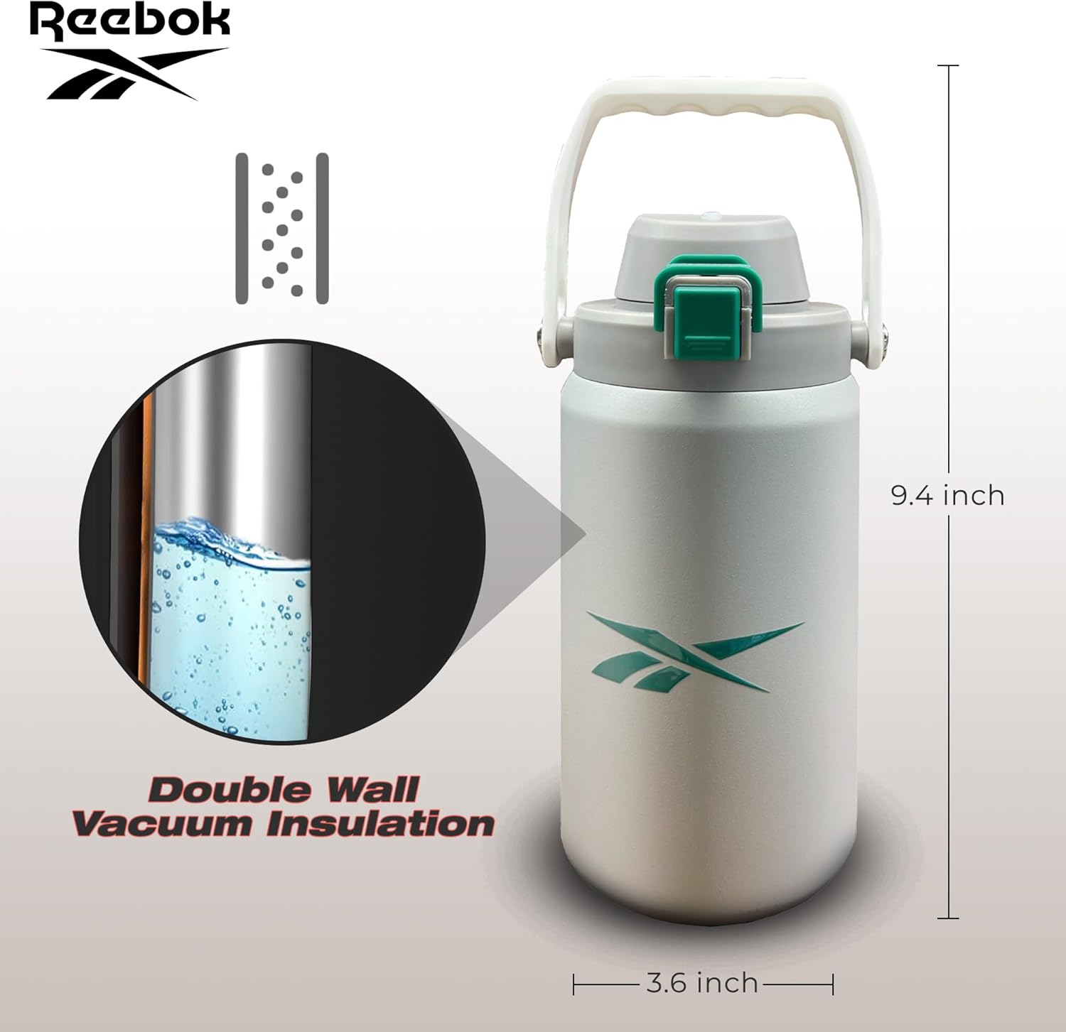 Reebok Botella de agua de acero inoxidable para acampar, botella de agua aislada de 32 onzas, botella de agua de campamento aislada al vacío de