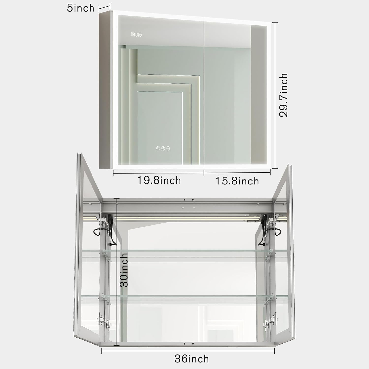MIRPLUS Botiquín de baño de 36 x 30 pulgadas con espejo LED, 3 luces de color y ajuste de brillo, pantalla antivaho de tiempo y temperatura, montaje