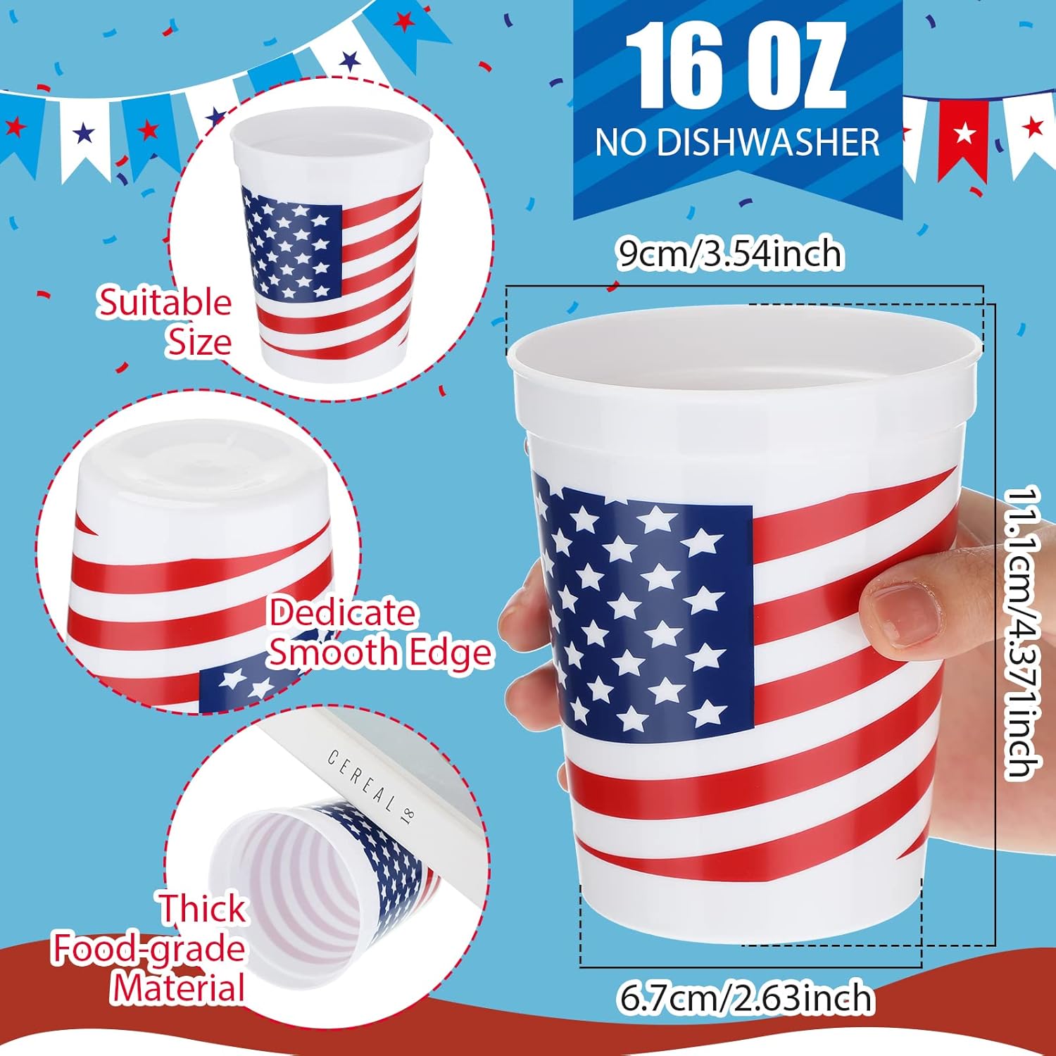 64 vasos patrióticos de plástico con la bandera estadounidense, vasos para fiestas en estadios del 4 de julio, vasos blancos, rojos y azules, vaso