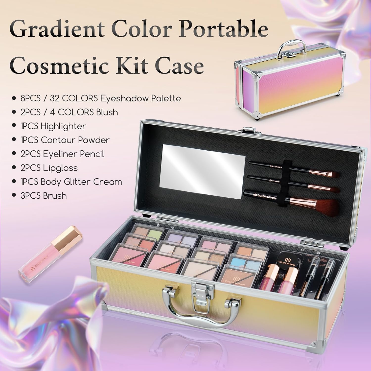 Kit de maquillaje para adolescentes con estuche de tren, juegos de regalo de maquillaje portátil para principiantes, incluye 32 colores de sombra de