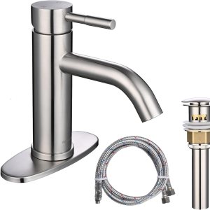 Aquaterior Grifo de baño de una sola manija para fregadero de baño, grifo de níquel con drenaje emergente para caravana, montaje en cubierta, 1 Aquaterior Grifo de baño de una sola manija para fregadero de baño, grifo de níquel con drenaje emergente para caravana, montaje en cubierta, 1