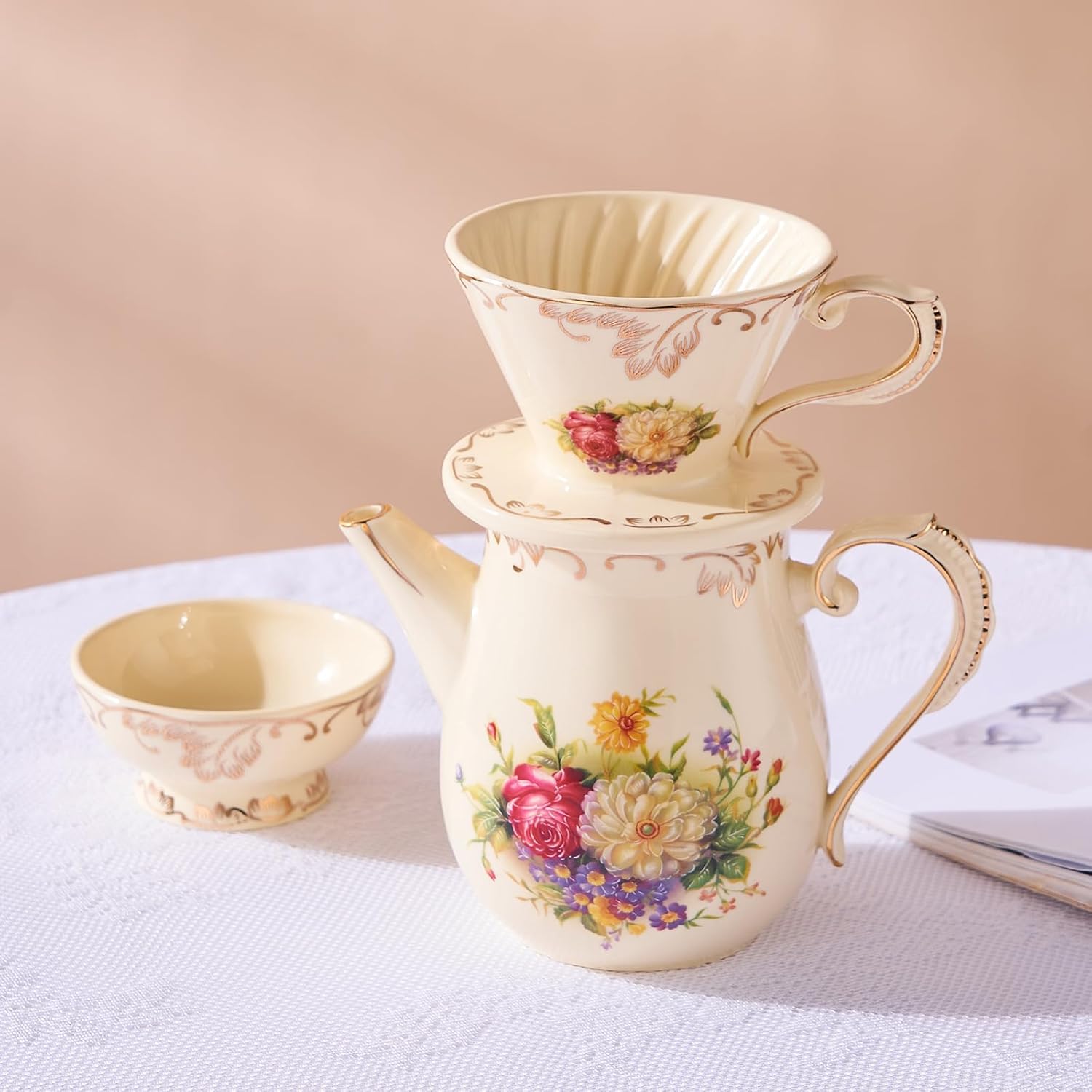 YOLIFE Floarl – Juego de gotero de café, cafetera de cerámica con diseño de cono, 1 taza, regalo para mujeres (arbustos florecientes)