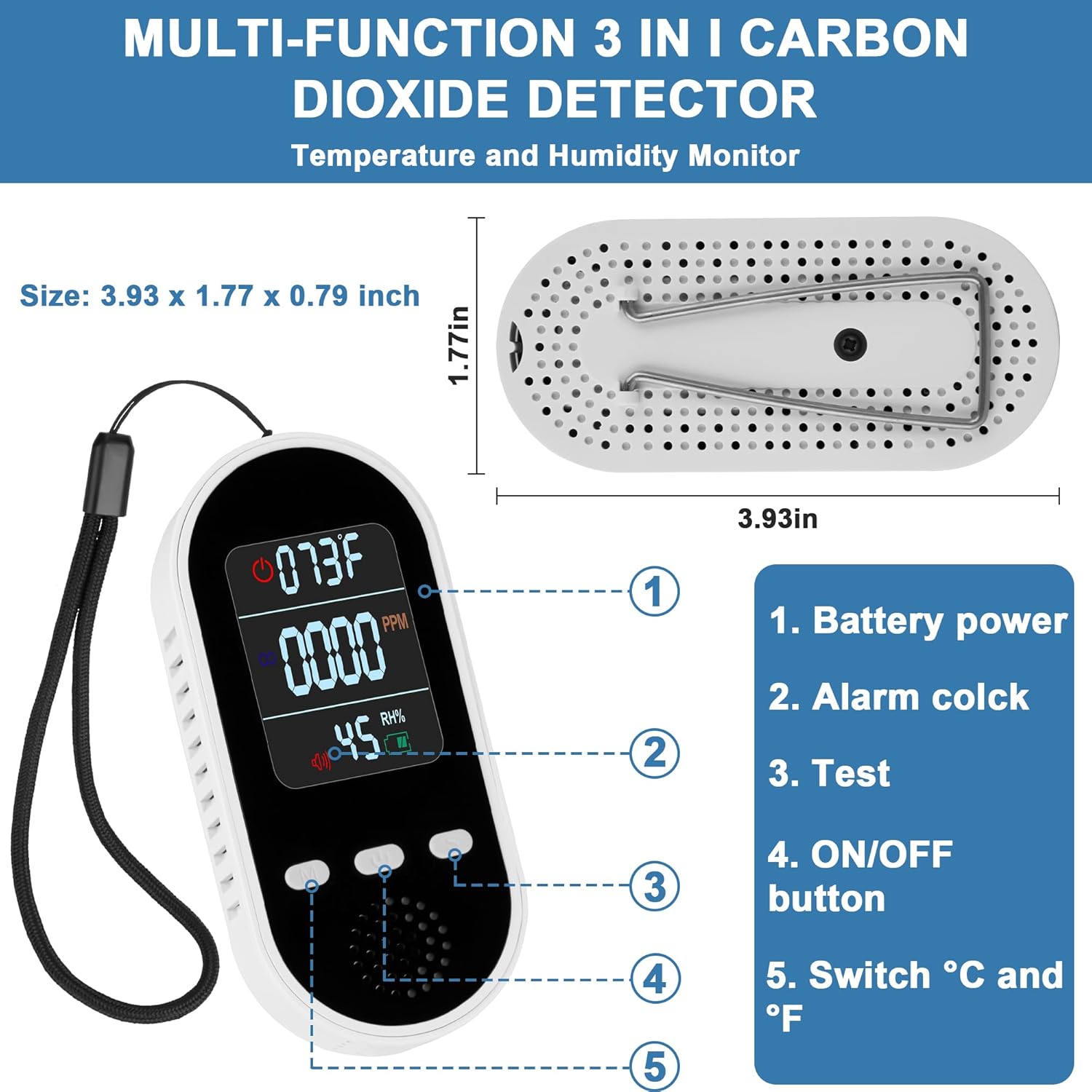 Vzmcov Detector de monóxido de carbono 3 en 1 portátil. Mini monitor de calidad del aire con alarma de cordón, sensor de gas COhumedadtemperatura