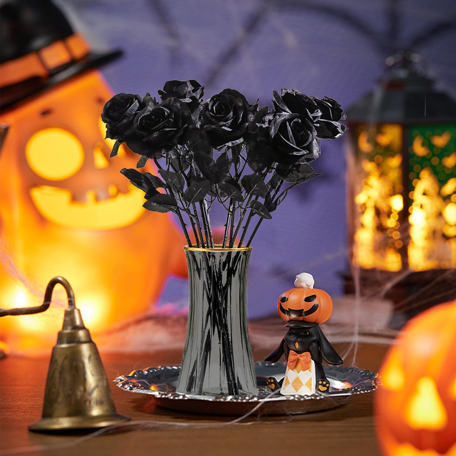 10 rosas artificiales, flores artificiales para decoración de Halloween, tallo largo, rosas artificiales para el hogar, Halloween, gótico,