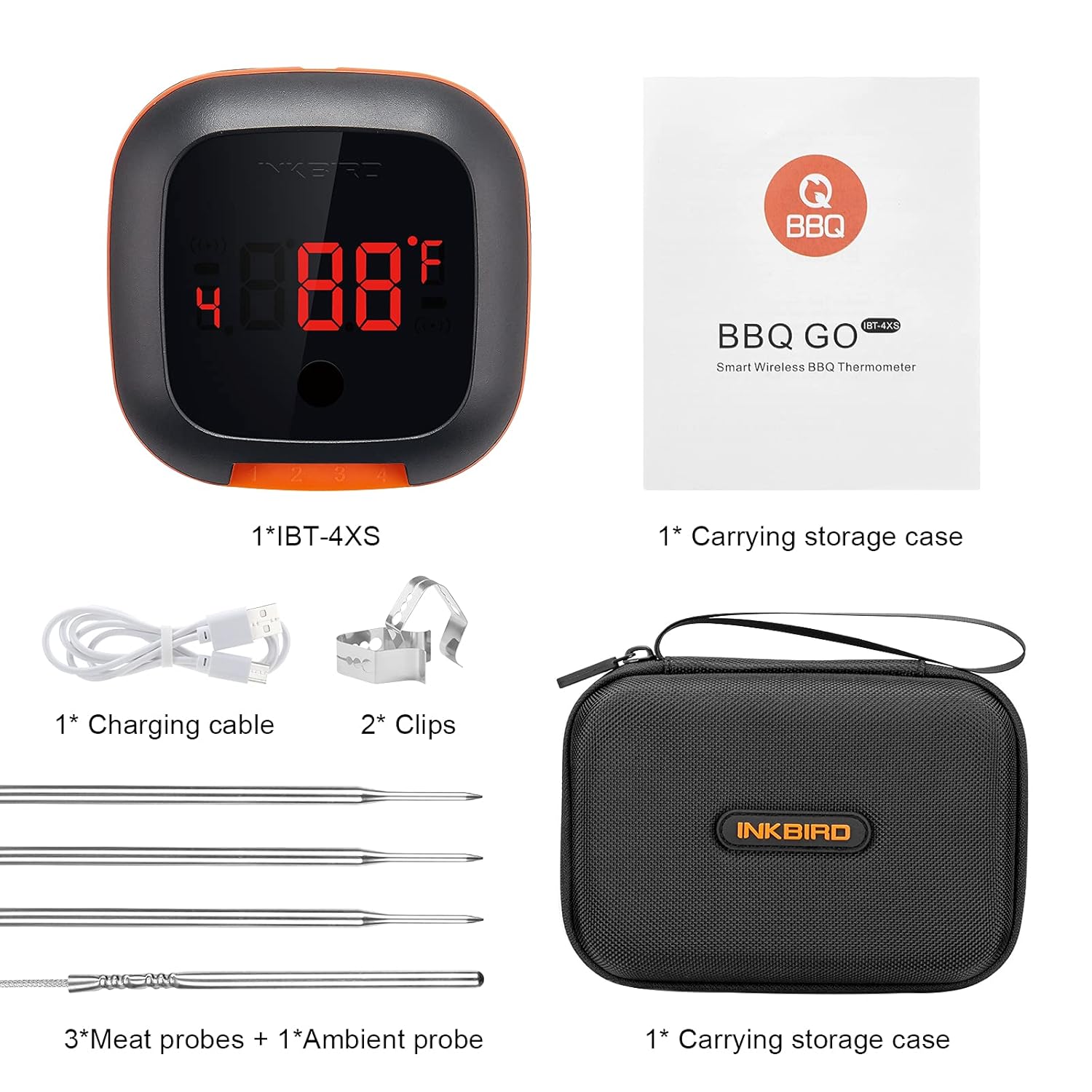 Inkbird Termómetro Bluetooth para barbacoa y estuche de almacenamiento de transporte, 4 sondas termómetro inalámbrico para carne con temporizador,