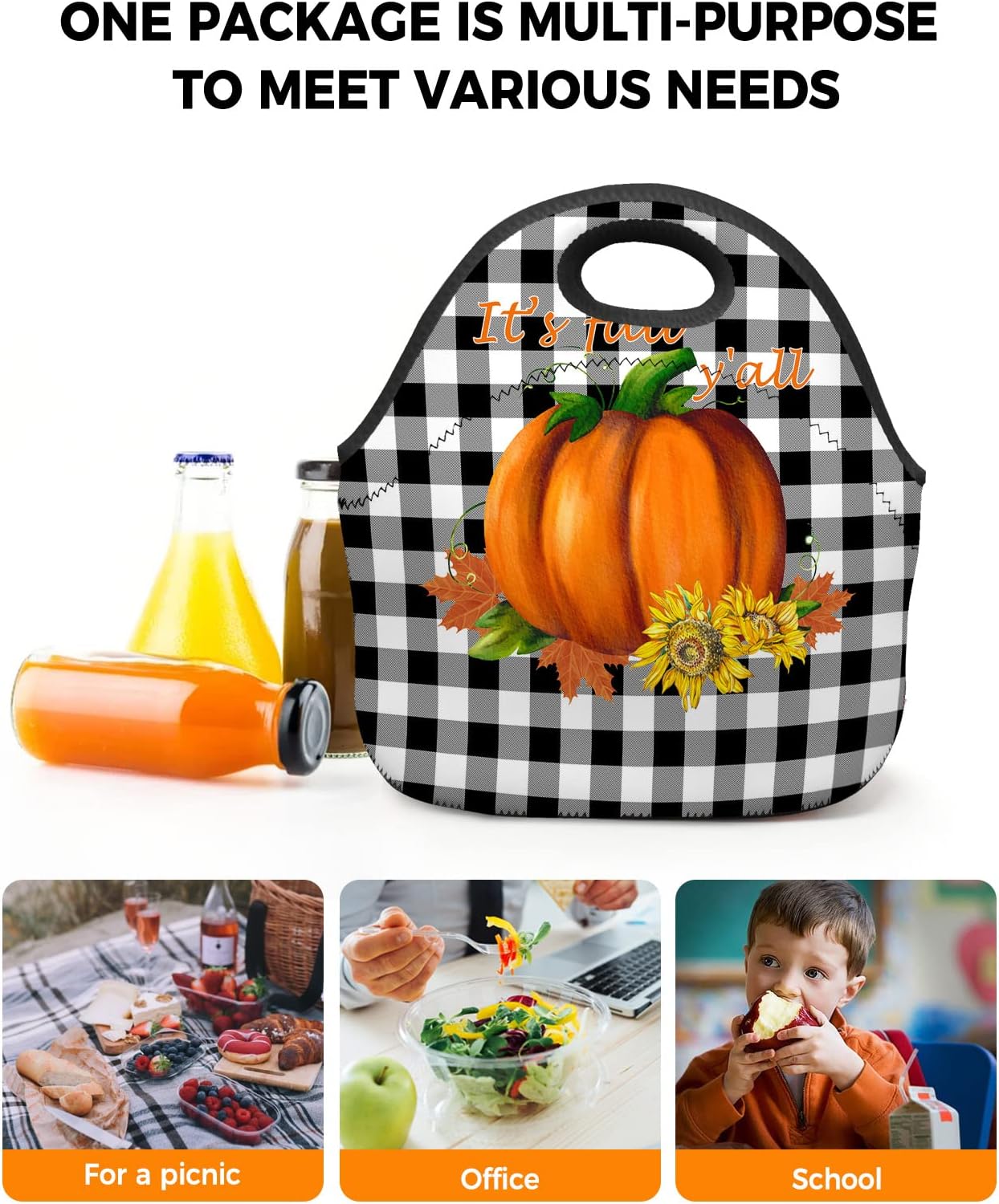Reusable Neoprene Lunch Bag, It’s Fall Y’all Pumpkin on Black White Buffalo Plaid Soft Thermal Meal Tote, Lightweight Washable Insulated Lunch Pouch