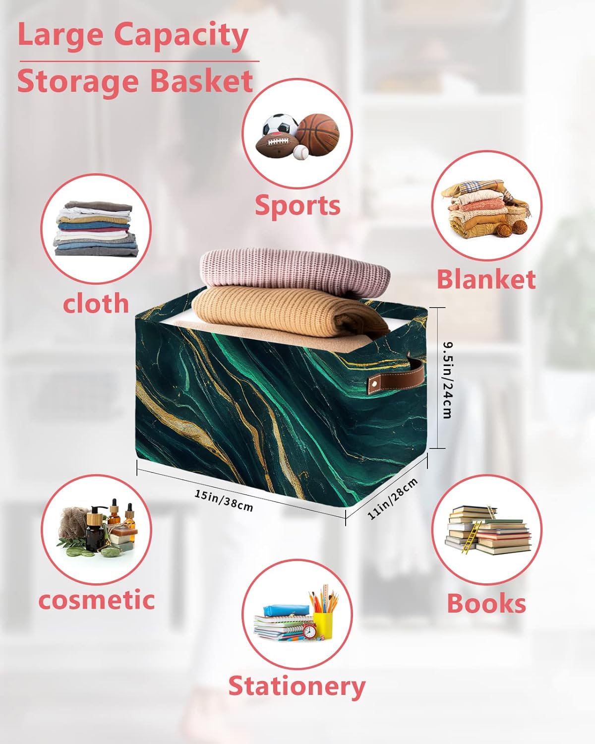 Turquoise Yellow Marble Storage Basket for Organizing Shelves, Collapsible Storage Bins Boxes with Handle, Modern Ink Painting Abstract Art Canvas