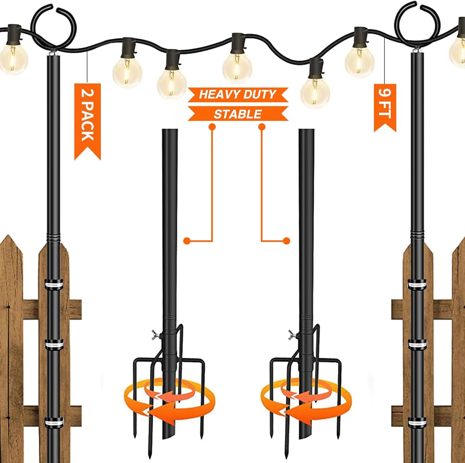 Postes de luz de cadena  Paquete de 2 postes de 9 pies para tira de luces al aire libre, postes de luz de patio para exterior, postes de luz para