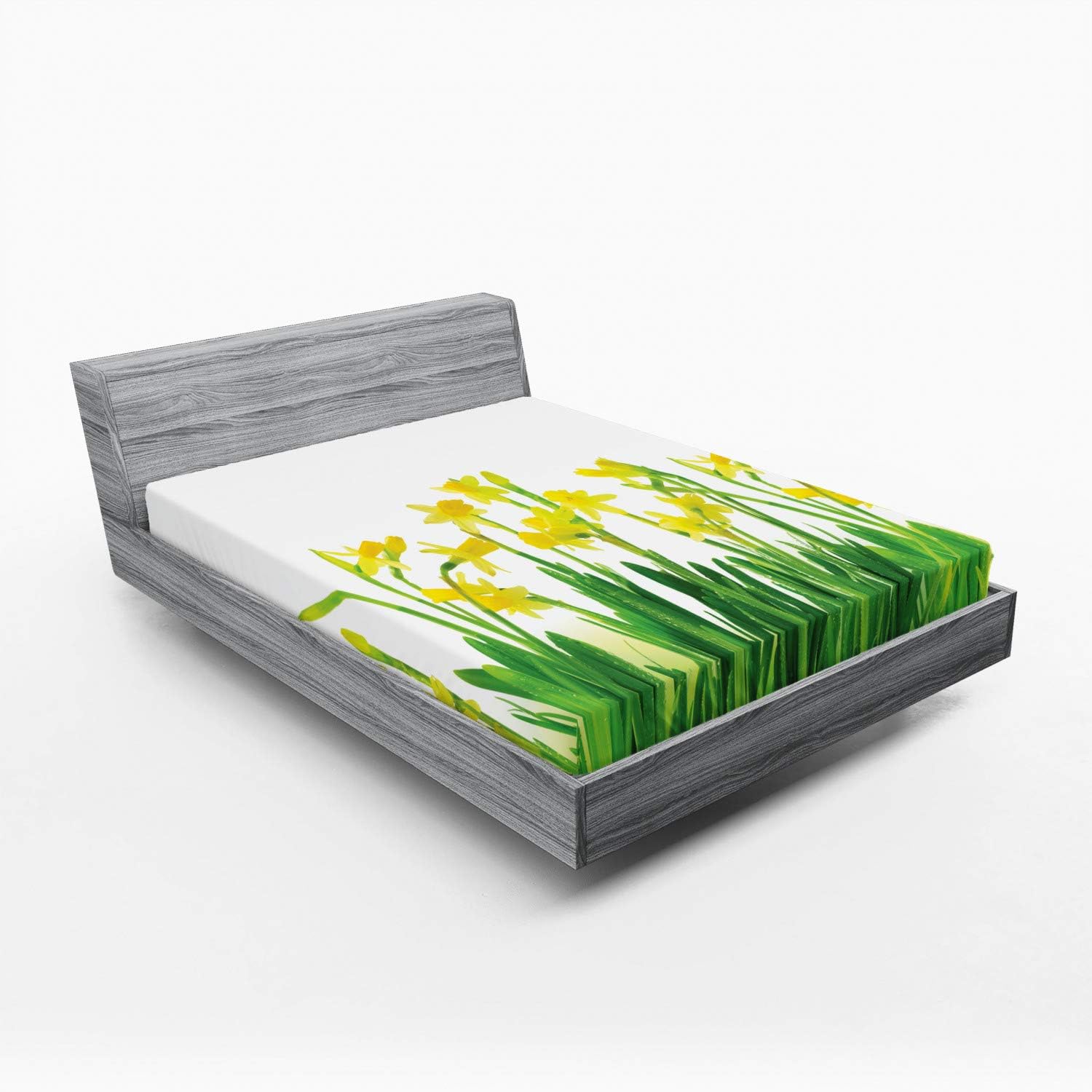 Lunarable Sábana bajera ajustable de narcisos, narciso y narciso, campo de flores de primavera de abril, arte natural de temporada, tela decorativa
