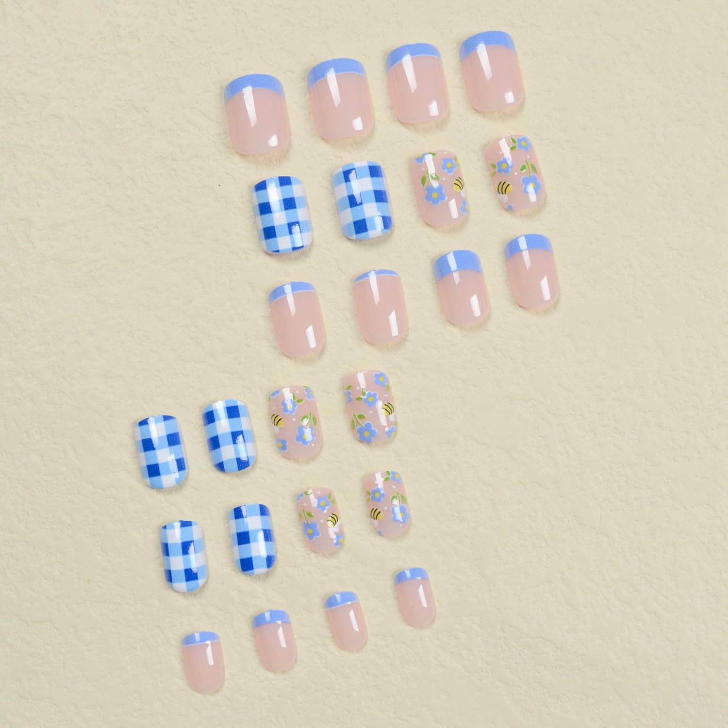 MERVF Uñas postizas cuadradas a presión cortas, punta francesa azul, uñas cuadradas con pegamento con diseño de abejas, uñas acrílicas, lindas uñas