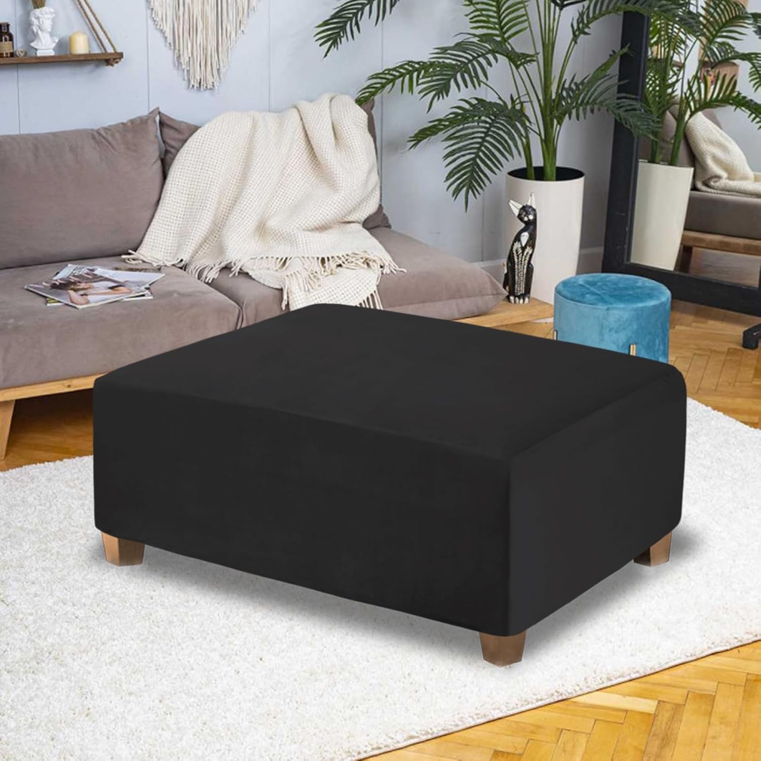 Funda otomana de terciopelo rectangular, funda otomana de almacenamiento, rectangular, gruesa, elástica, con banda elástica (tamaño grande, negro)