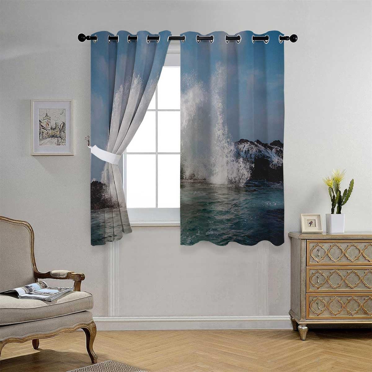 Room Darkening Curtains for Bedroom Sea Wave Landscape Door Beads Curtains Cortinas para Ventanas De Cuarto 55Inch Width by 55Inch Length,2 Panels