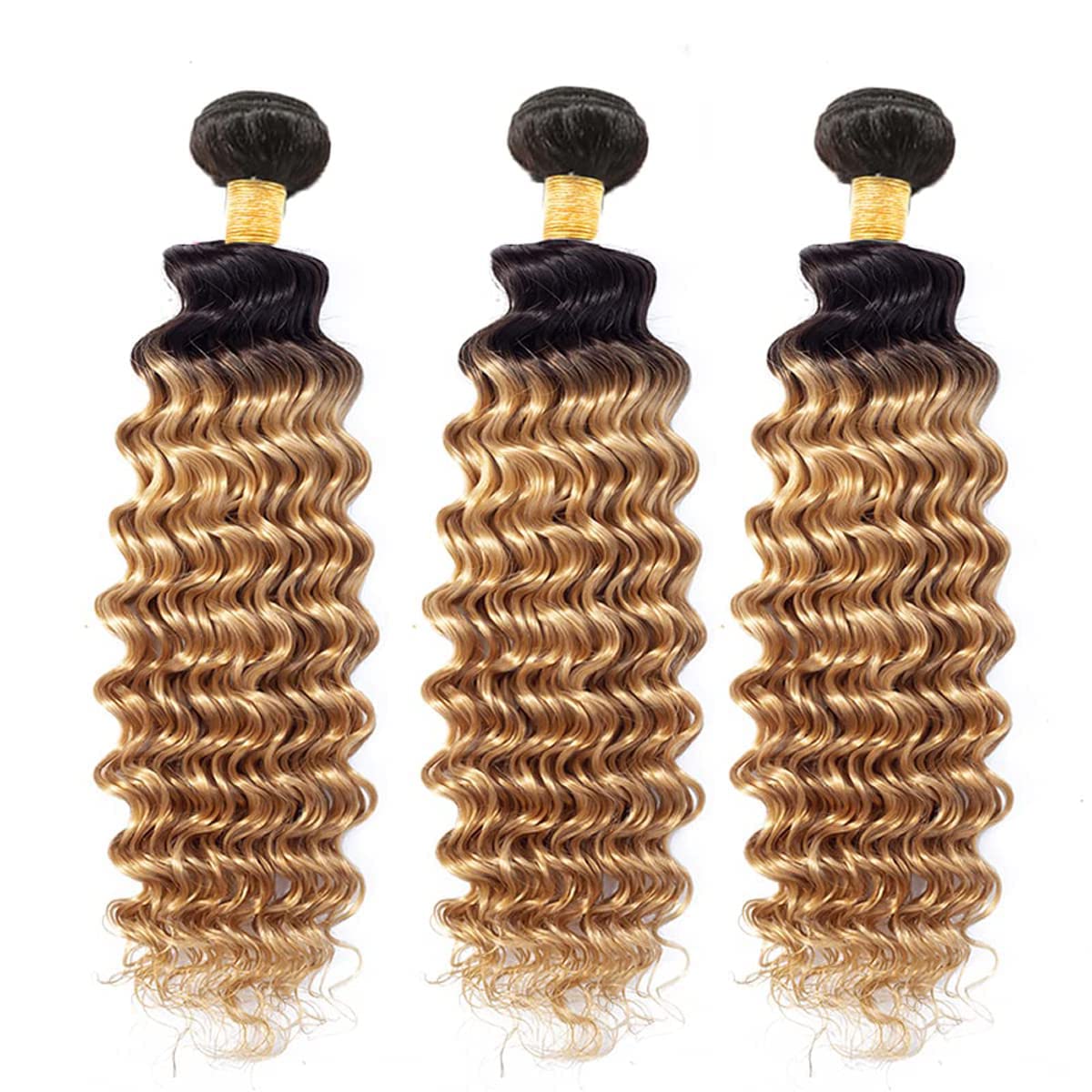 Paquetes de cabello humano rubio miel 1B27 ombré, paquetes de ondas profundas rubias, 24, 24, 24 pulgadas, negro a rubio miel, doble trama, sin