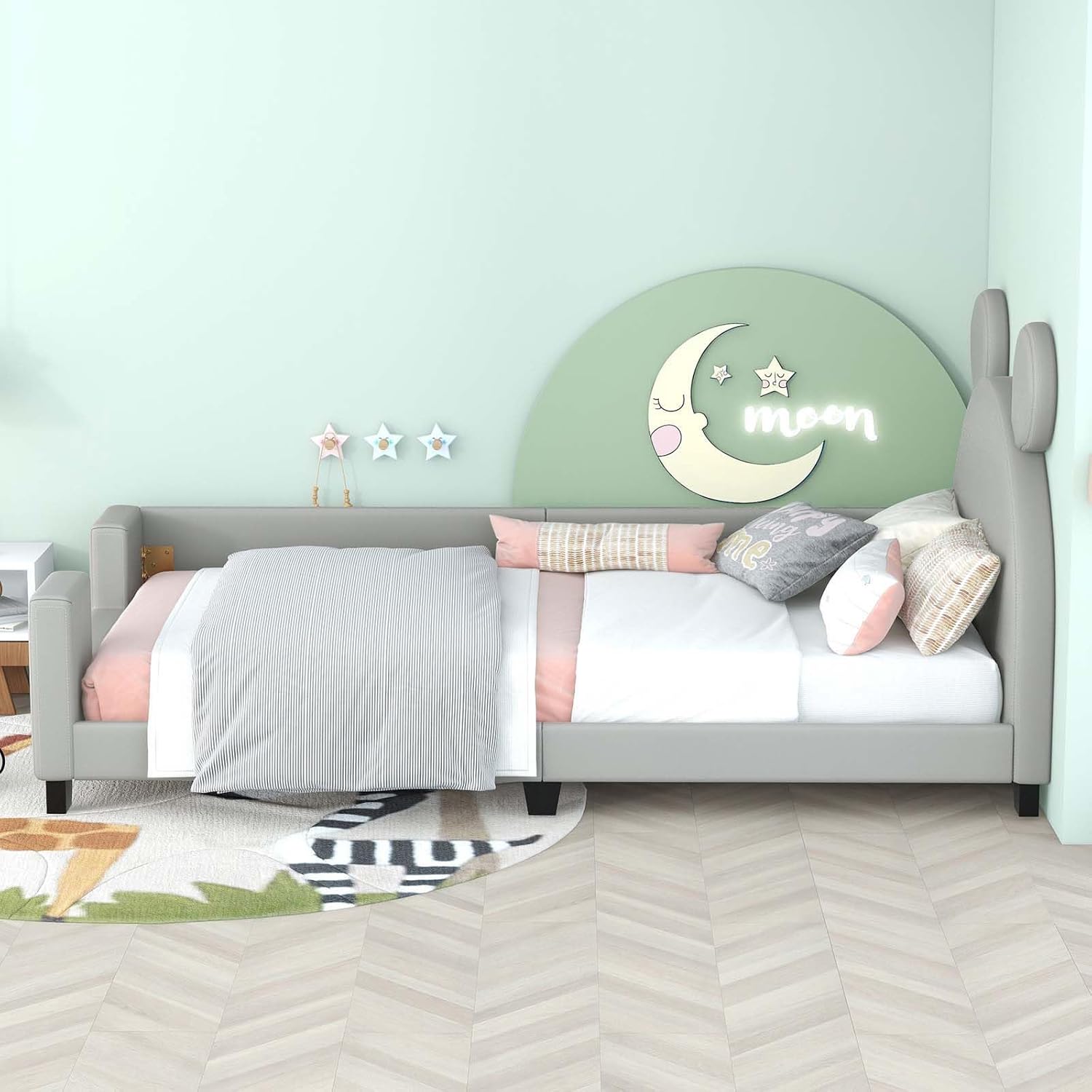 Altillo Cama de plataforma tapizada de cuero de tamaño individual con cabecero de orejas, bonito marco de cama con orejas decorativas para