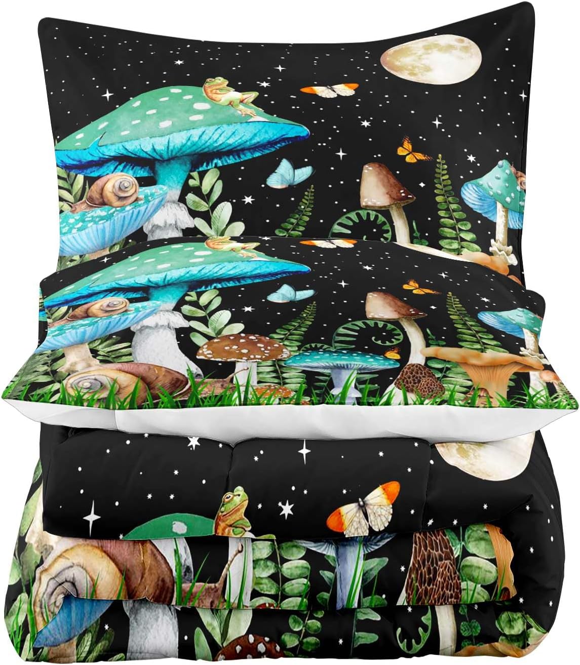 LUVIVIHOME Juego de edredón de 2 piezas, color verde azulado con hongos trippy, tamaño individual, ropa de cama para niños y niñas, plantas