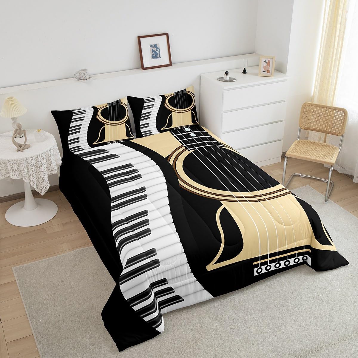 Erosebridal Juego de edredón de guitarra, tamaño Queen para niños y niñas, juego de ropa de cama con teclados de piano, juegos de ropa de cama