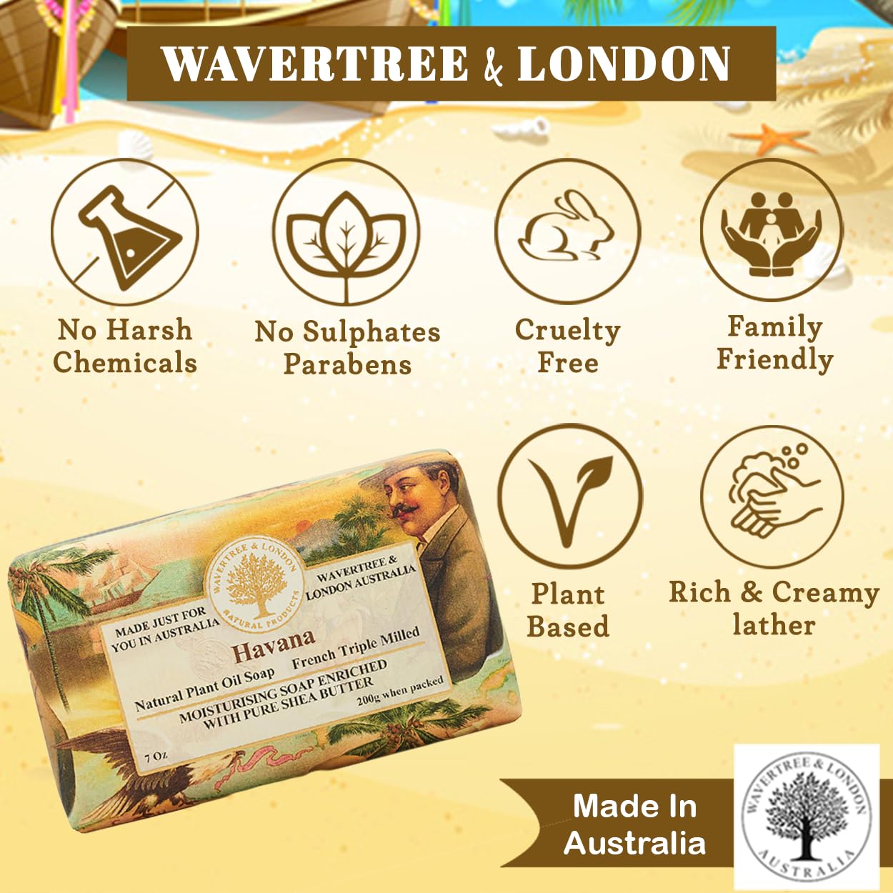 Wavertree & London Havana – Jabón natural perfumado (2 barras), 7 onzas, barras de jabón hidratante francés triple molido, enriquecido con manteca
