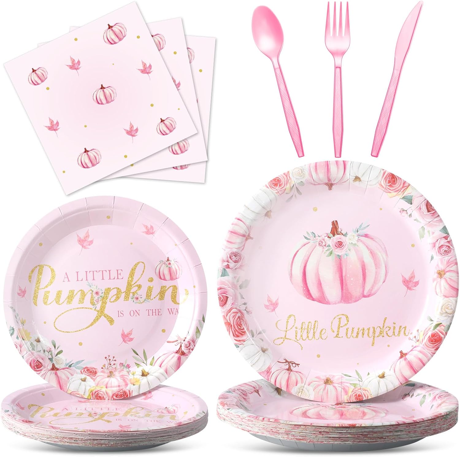Tioncy Juego de vajilla de 150 piezas con diseño de calabaza pequeña, platos y servilletas para baby shower, color rosa, A Little Pumpkin is on The