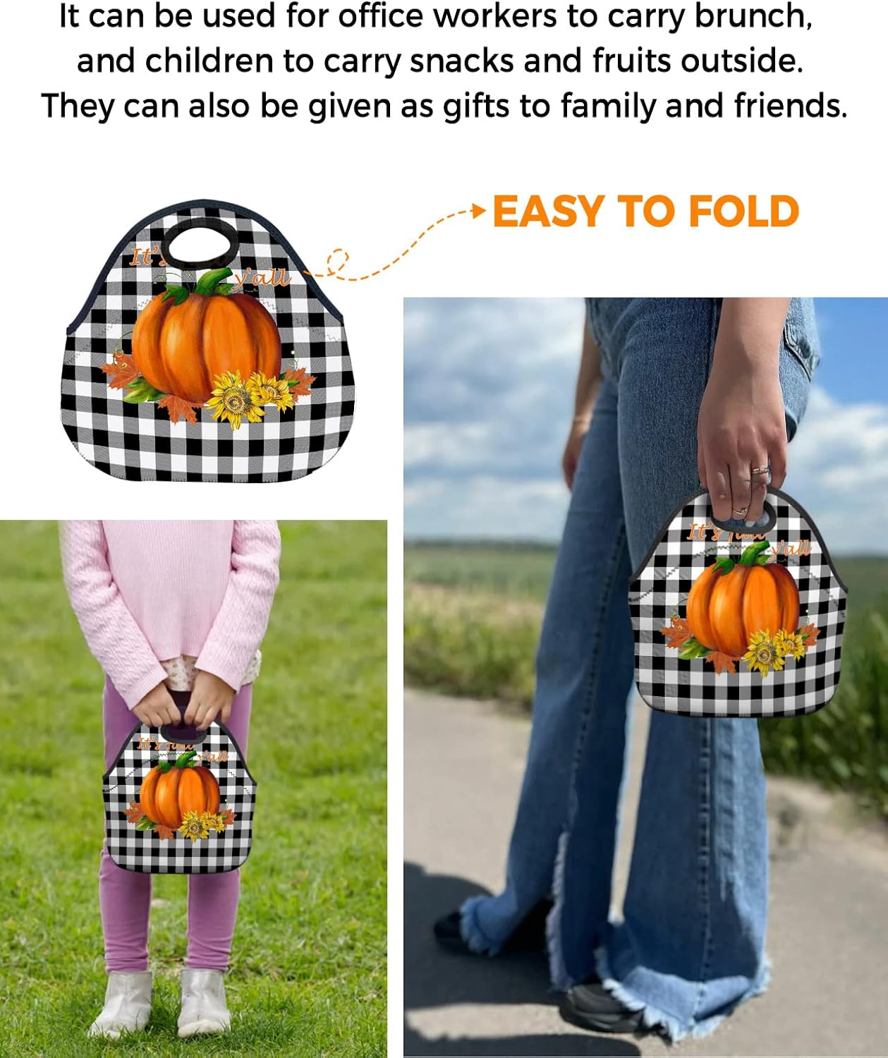 Reusable Neoprene Lunch Bag, It’s Fall Y’all Pumpkin on Black White Buffalo Plaid Soft Thermal Meal Tote, Lightweight Washable Insulated Lunch Pouch