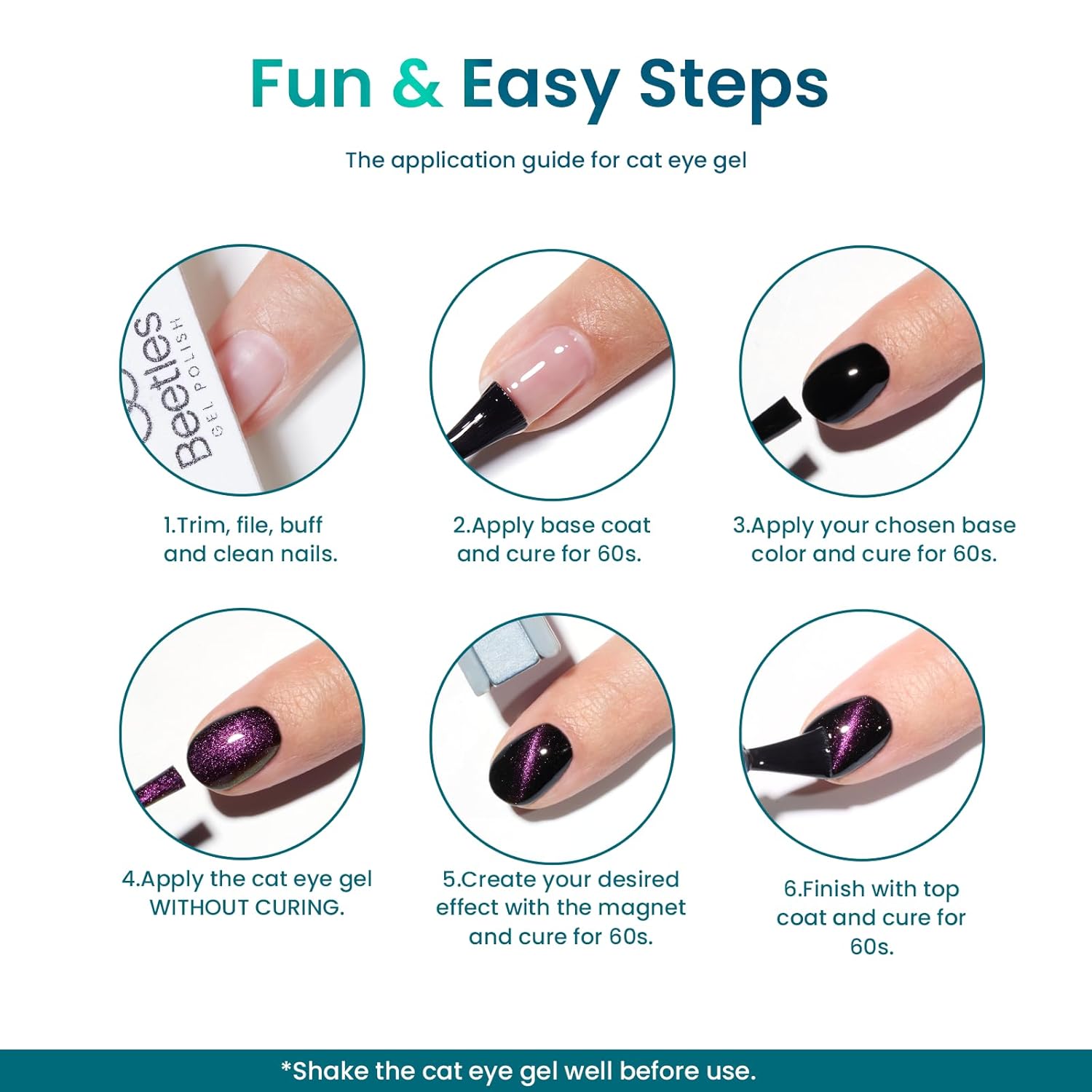 Beetles – Juego de 24 esmaltes de uñas de gel, 20 colores que cambian de color ojo de gato, juego de esmaltes de gel con purpurina con gel base,